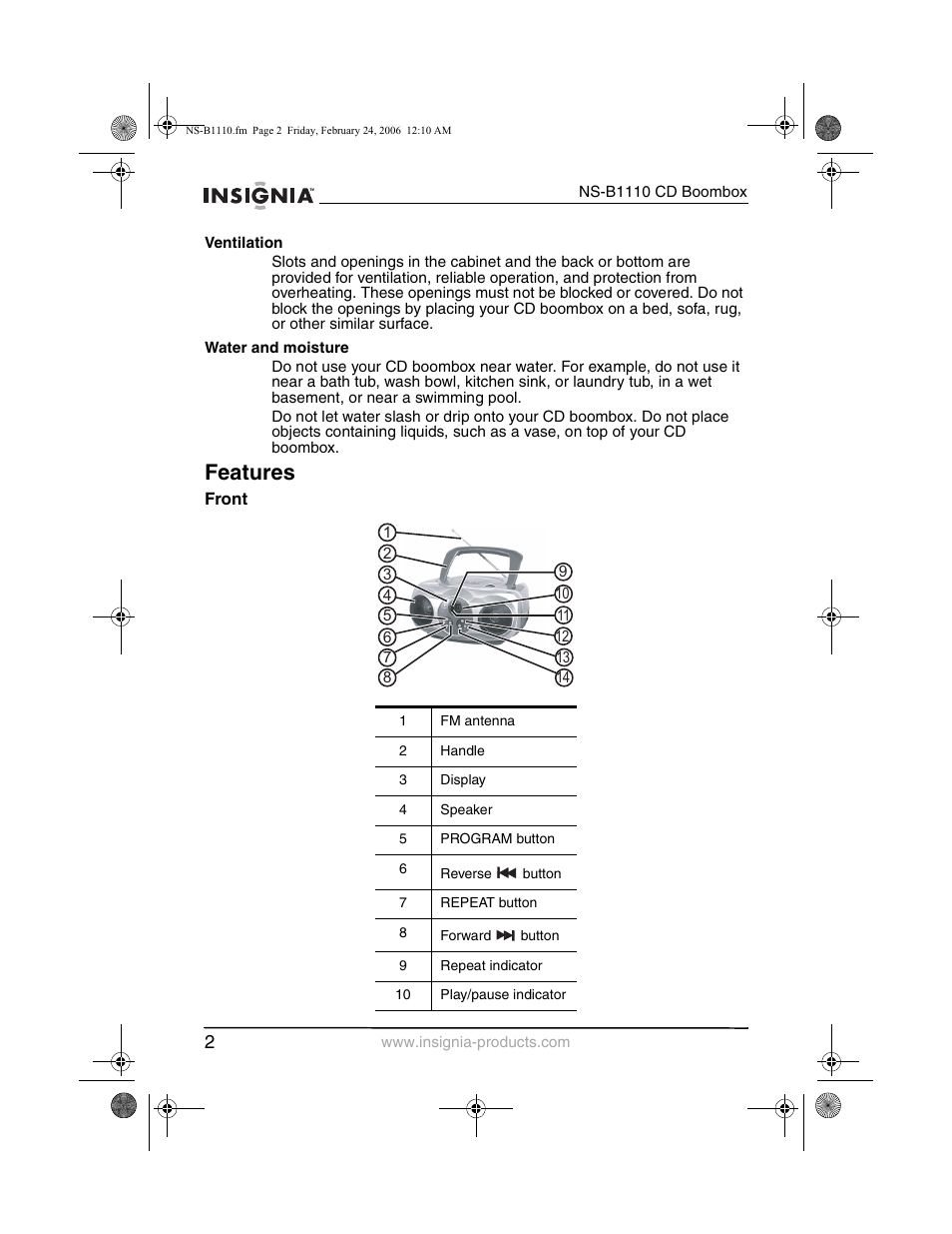 Features | Insignia NS-B1110 User Manual | Page 4 / 44