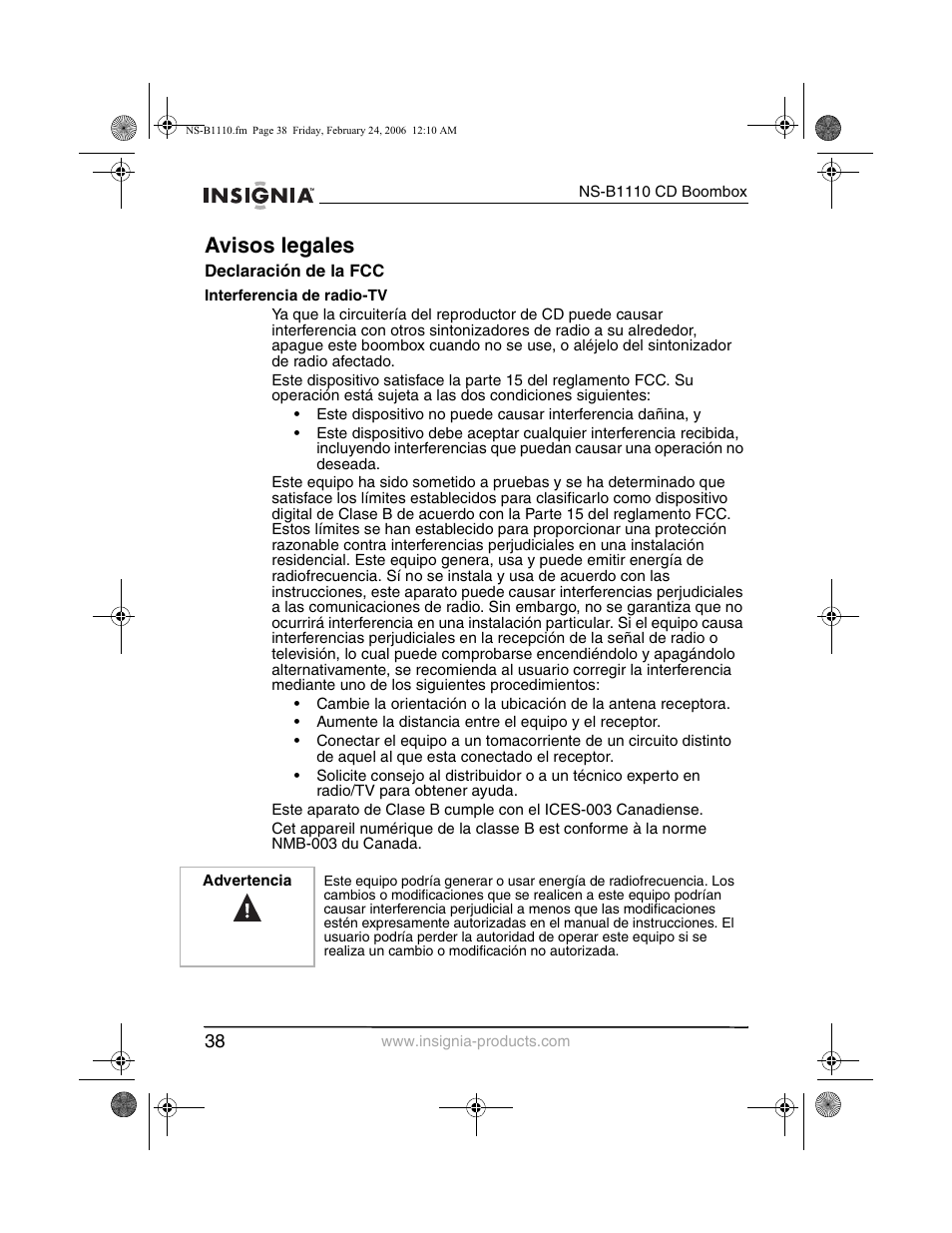 Avisos legales | Insignia NS-B1110 User Manual | Page 40 / 44