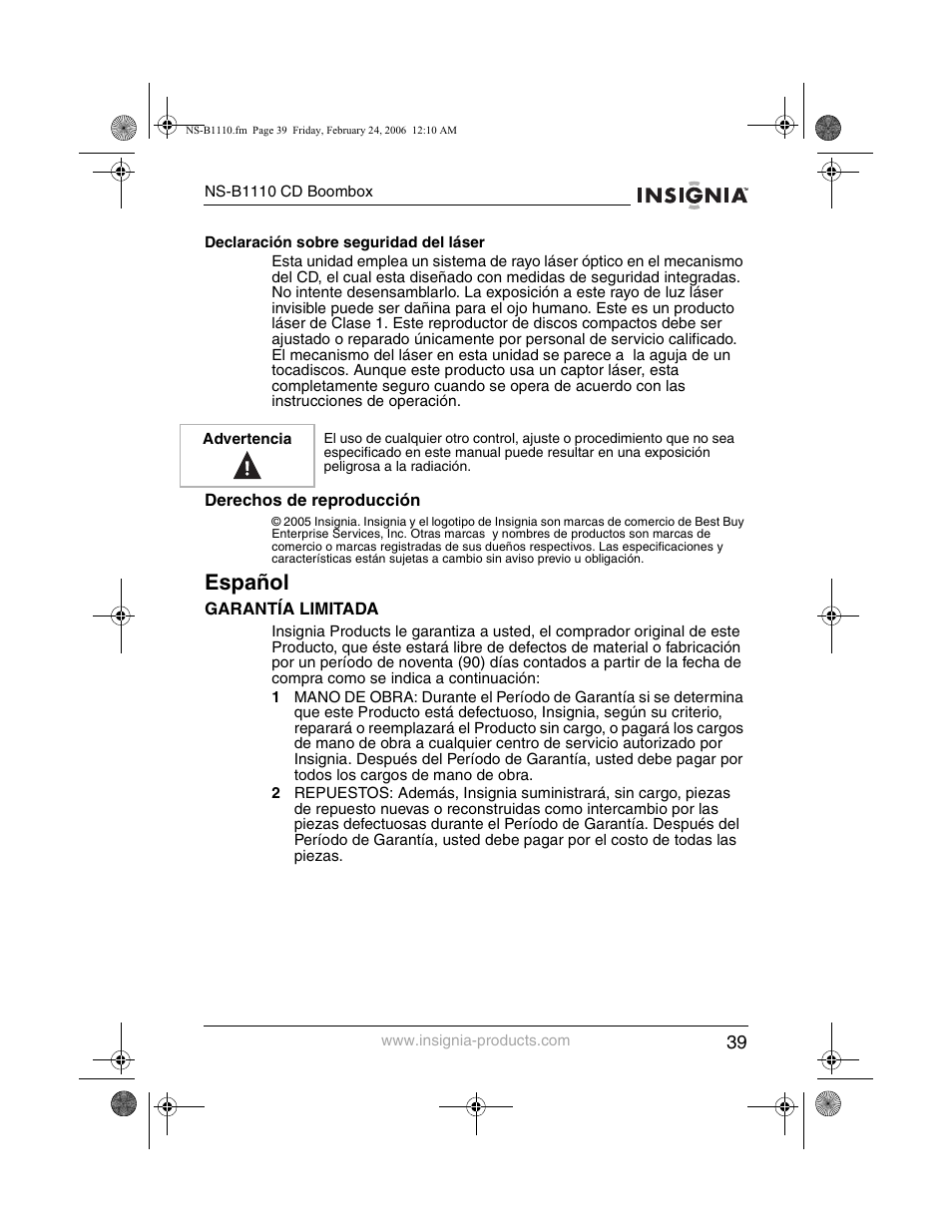 Español | Insignia NS-B1110 User Manual | Page 41 / 44