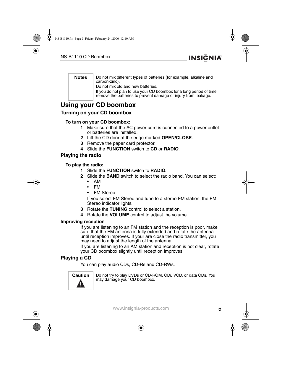 Using your cd boombox | Insignia NS-B1110 User Manual | Page 7 / 44