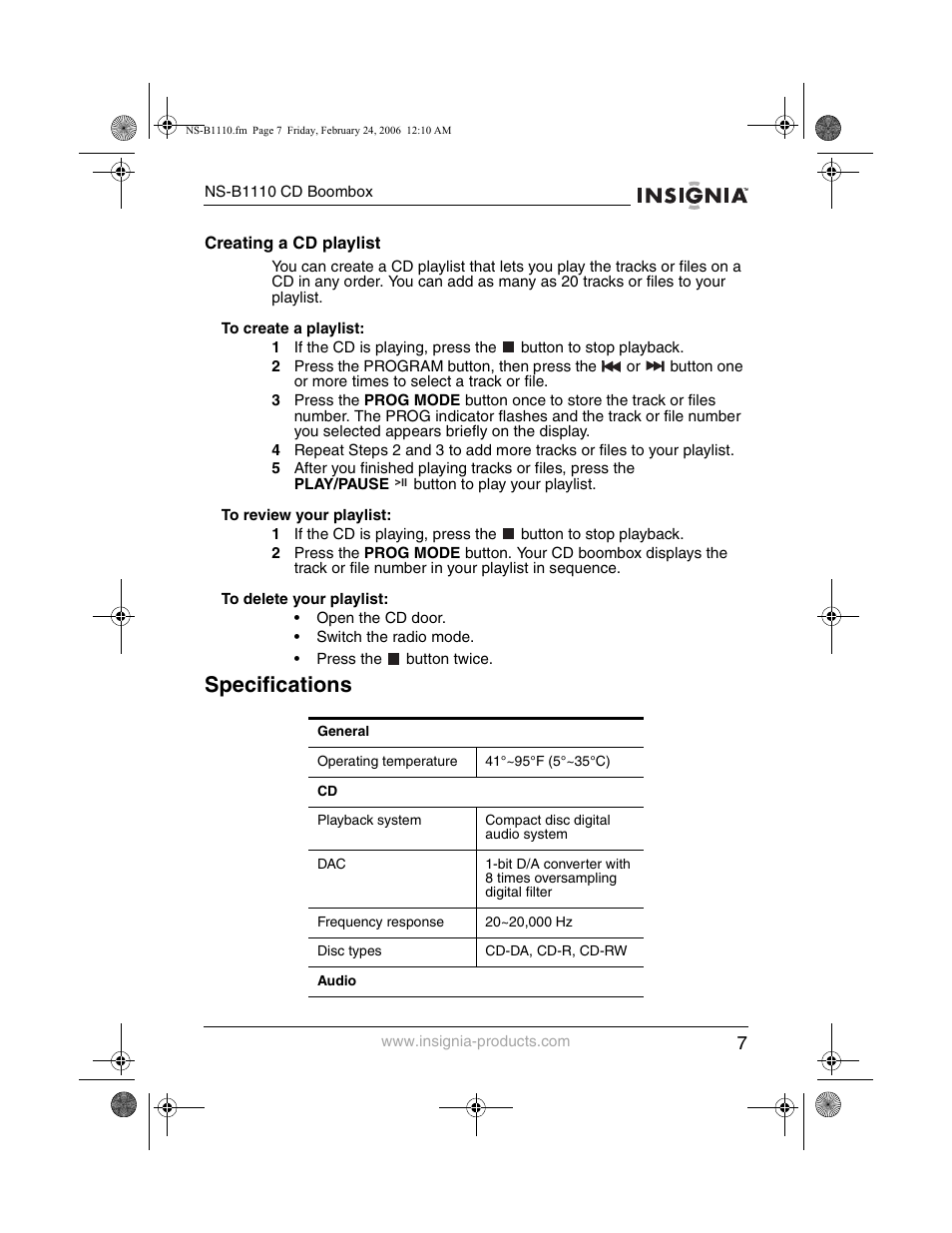 Specifications | Insignia NS-B1110 User Manual | Page 9 / 44