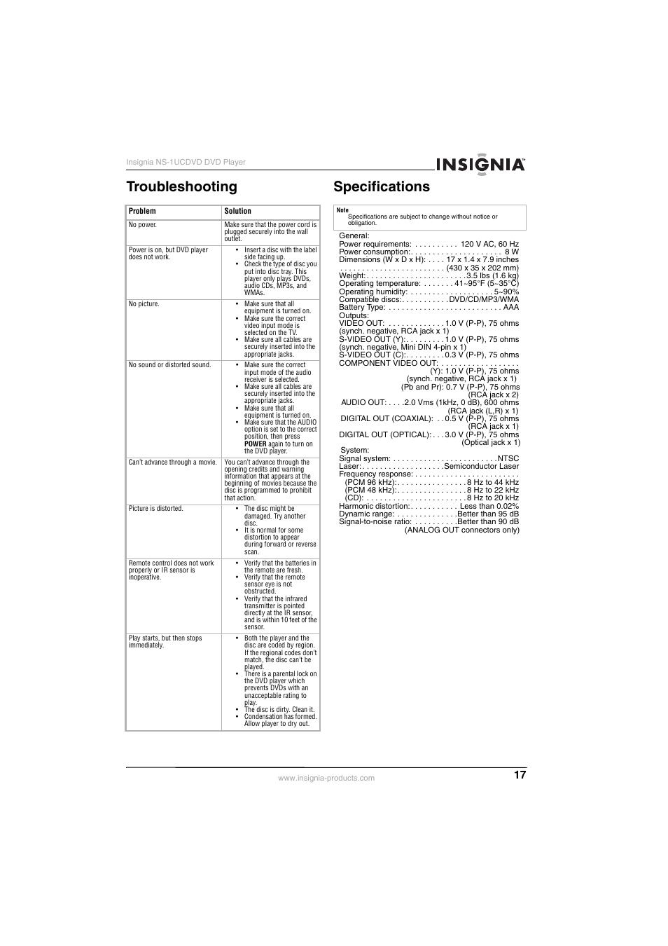 Troubleshooting specifications | Insignia NS-1UCDVD User Manual | Page 17 / 62