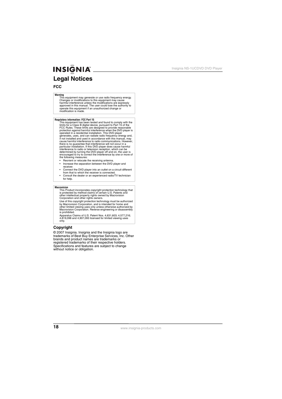 Legal notices | Insignia NS-1UCDVD User Manual | Page 18 / 62