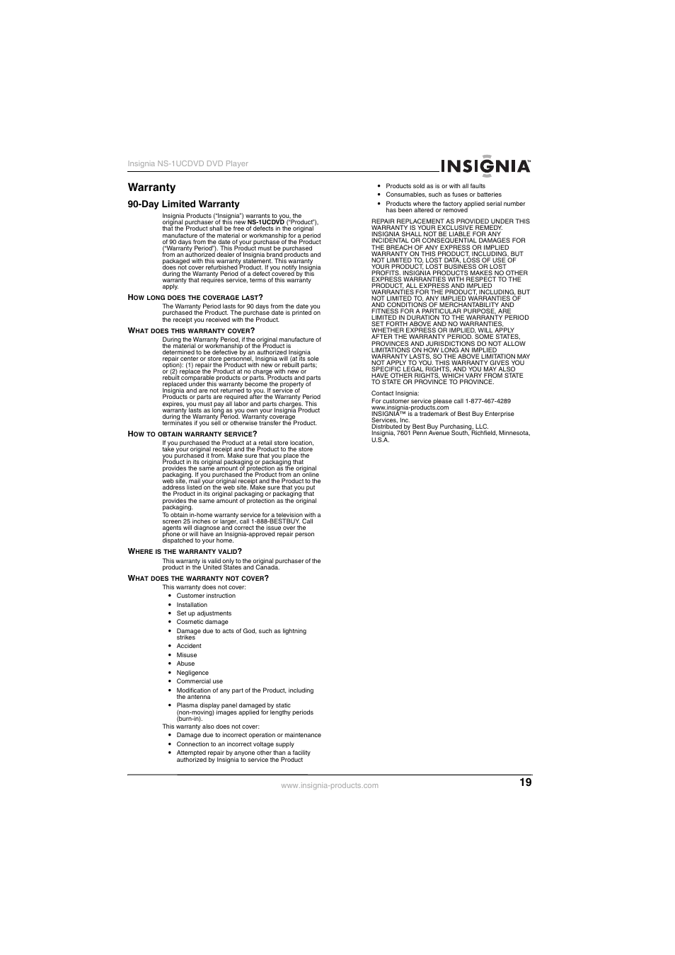 Warranty, Day limited warranty | Insignia NS-1UCDVD User Manual | Page 19 / 62