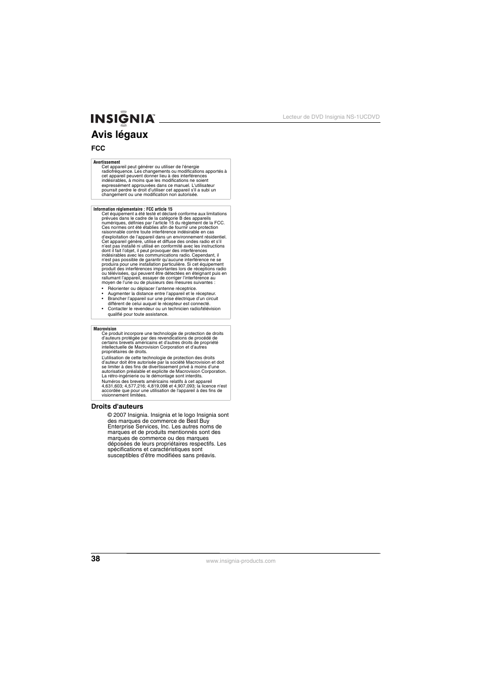 Avis légaux | Insignia NS-1UCDVD User Manual | Page 38 / 62