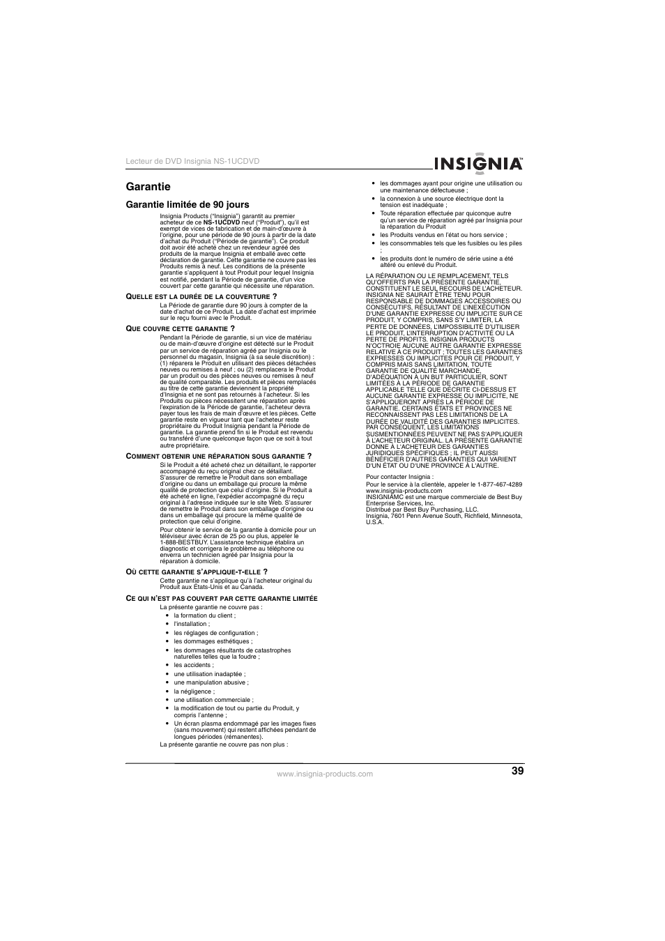 Garantie, Garantie limitée de 90 jours | Insignia NS-1UCDVD User Manual | Page 39 / 62