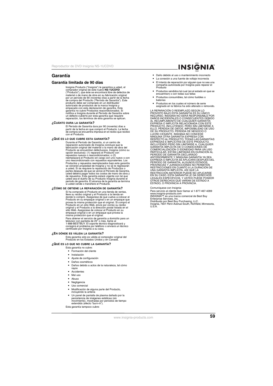 Garantía, Garantía limitada de 90 días | Insignia NS-1UCDVD User Manual | Page 59 / 62