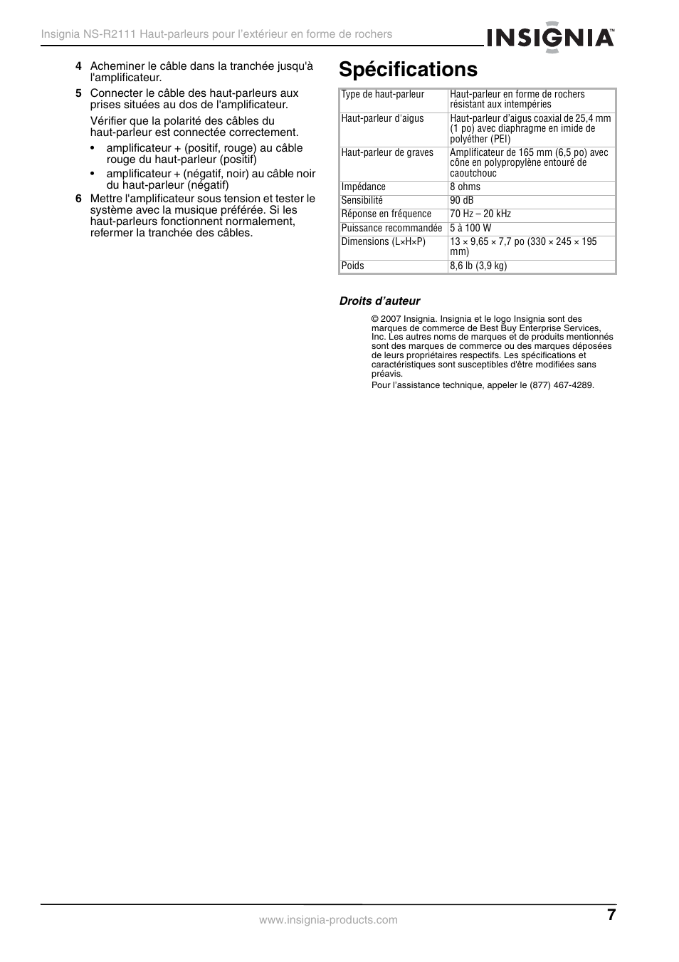 Spécifications, Droits d’auteur | Insignia Simulated Rock Outdoor Speakers NS-R2111 User Manual | Page 7 / 12