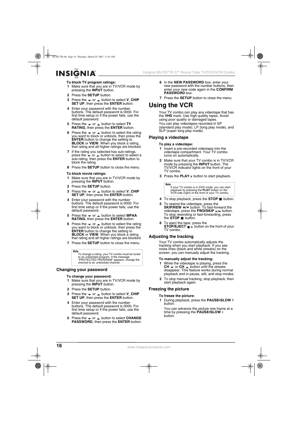 Using the vcr | Insignia NS-R27TR User Manual | Page 16 / 112