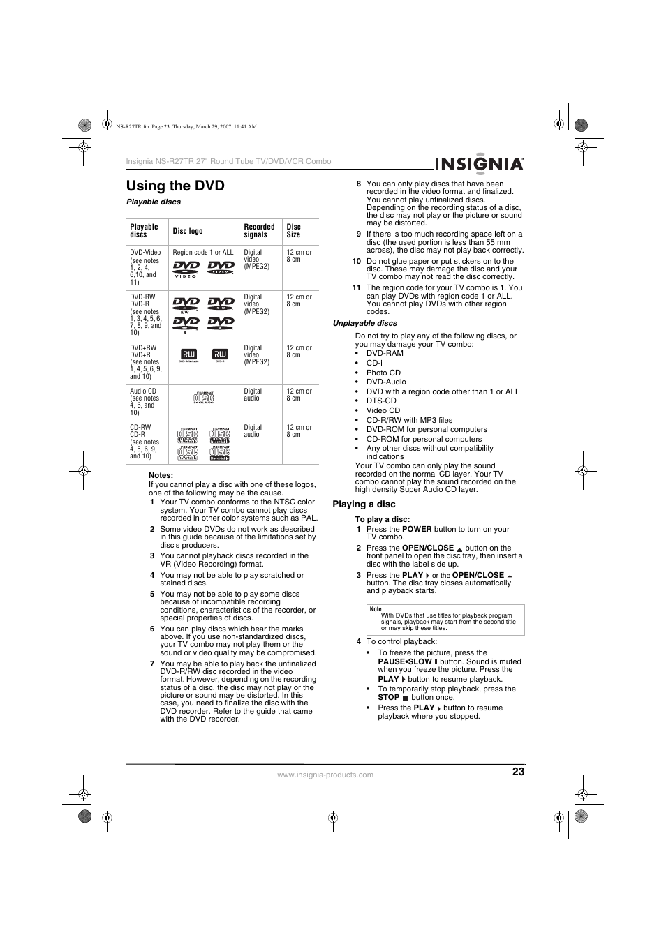 Using the dvd | Insignia NS-R27TR User Manual | Page 23 / 112