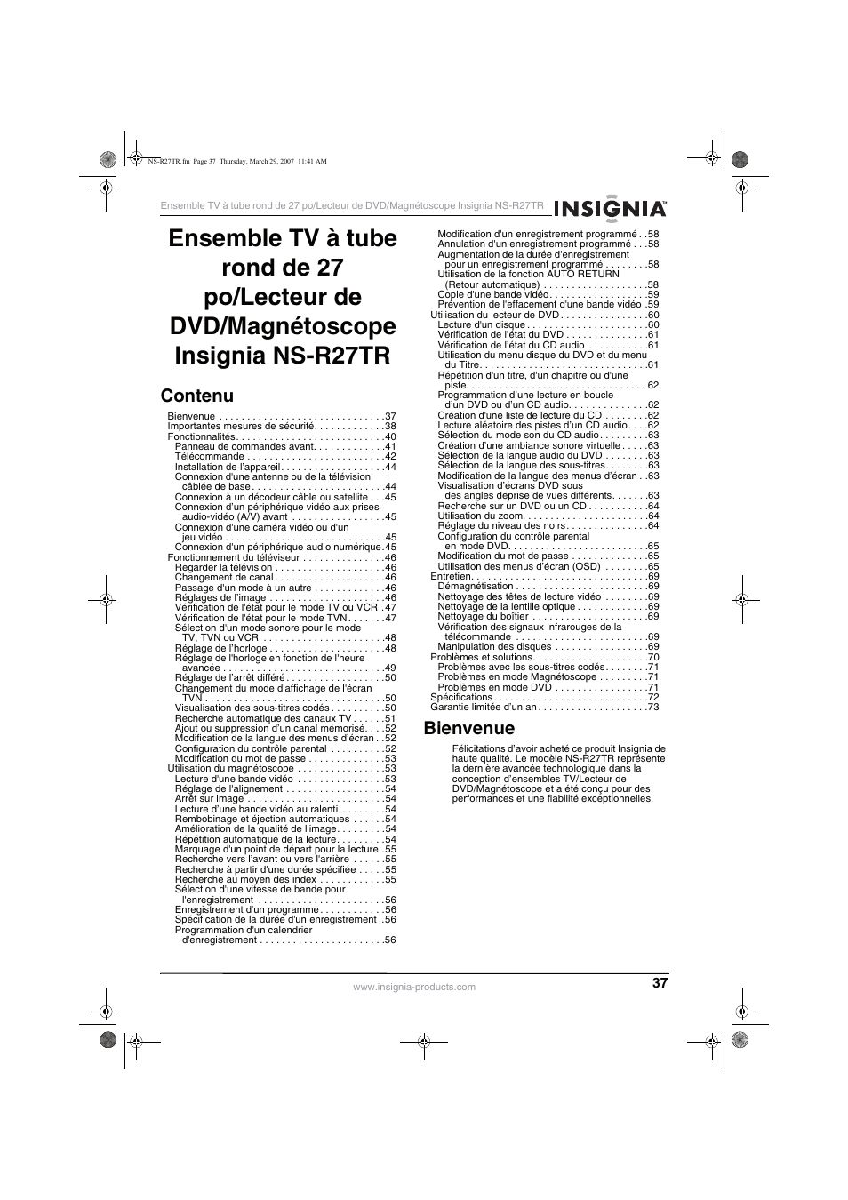 Contenu, Bienvenue | Insignia NS-R27TR User Manual | Page 37 / 112