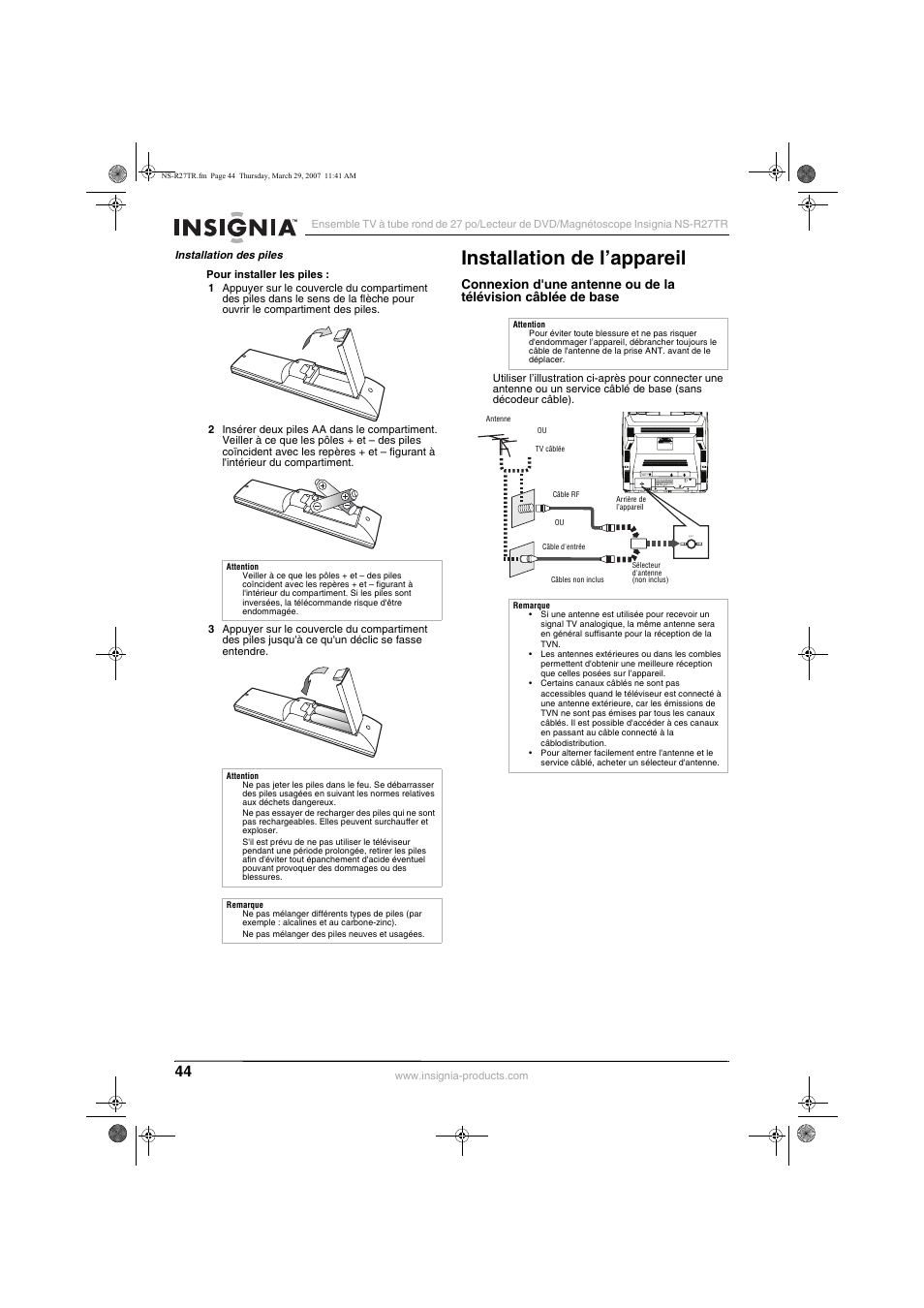 Installation de l’appareil | Insignia NS-R27TR User Manual | Page 44 / 112