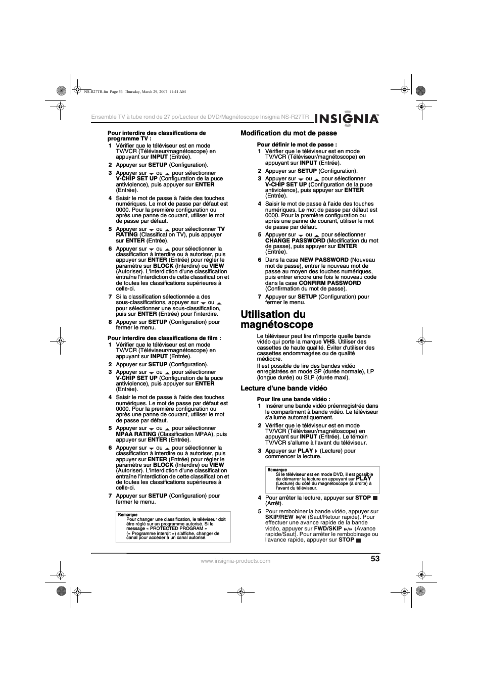 Utilisation du magnétoscope | Insignia NS-R27TR User Manual | Page 53 / 112