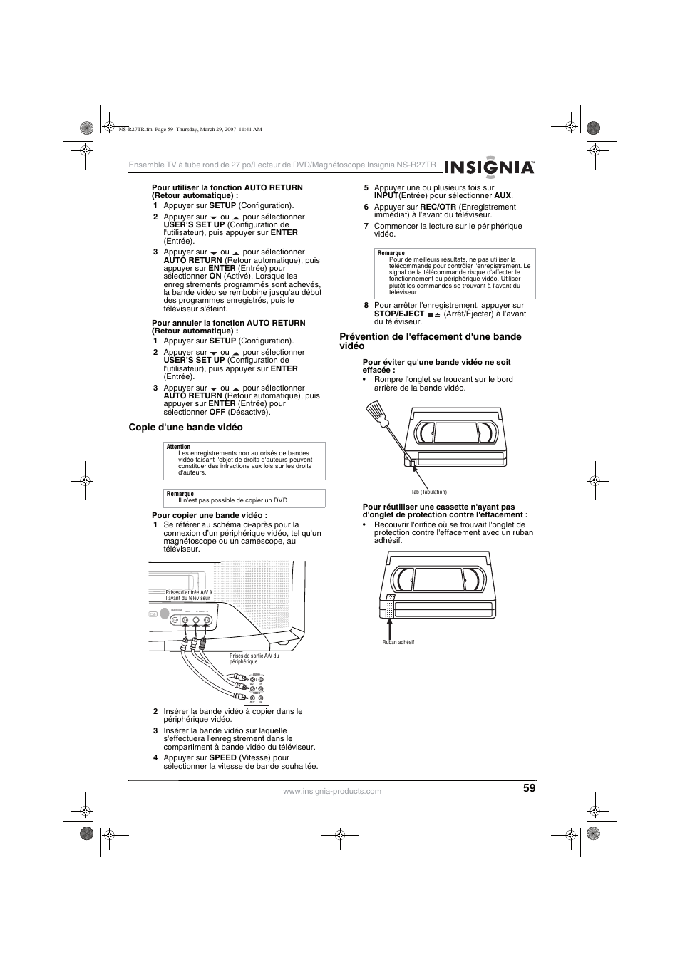 Copie d'une bande vidéo, Prévention de l'effacement d'une bande vidéo | Insignia NS-R27TR User Manual | Page 59 / 112