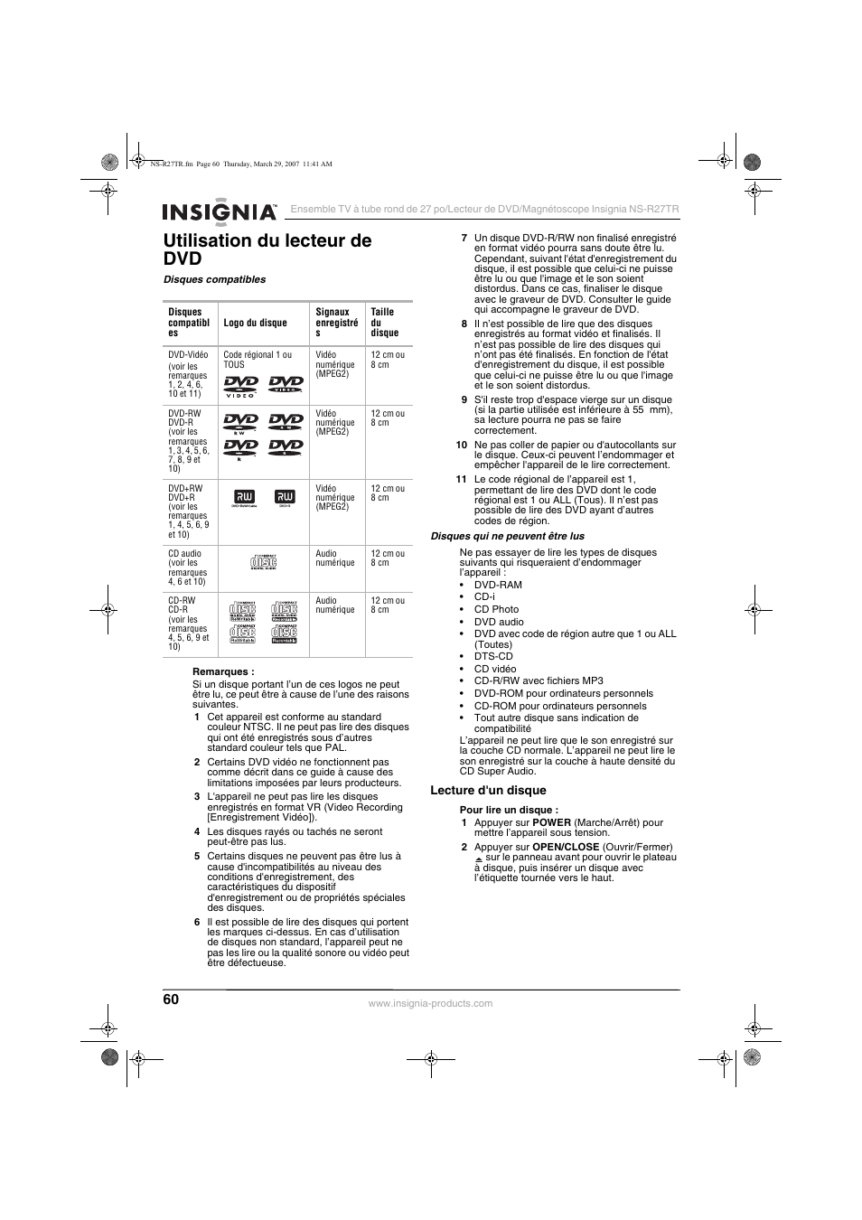 Utilisation du lecteur de dvd | Insignia NS-R27TR User Manual | Page 60 / 112