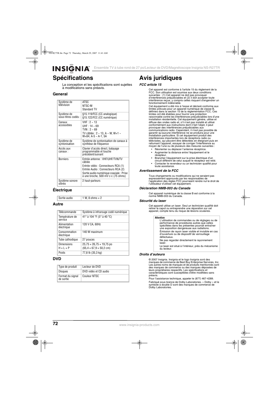 Spécifications, Avis juridiques | Insignia NS-R27TR User Manual | Page 72 / 112