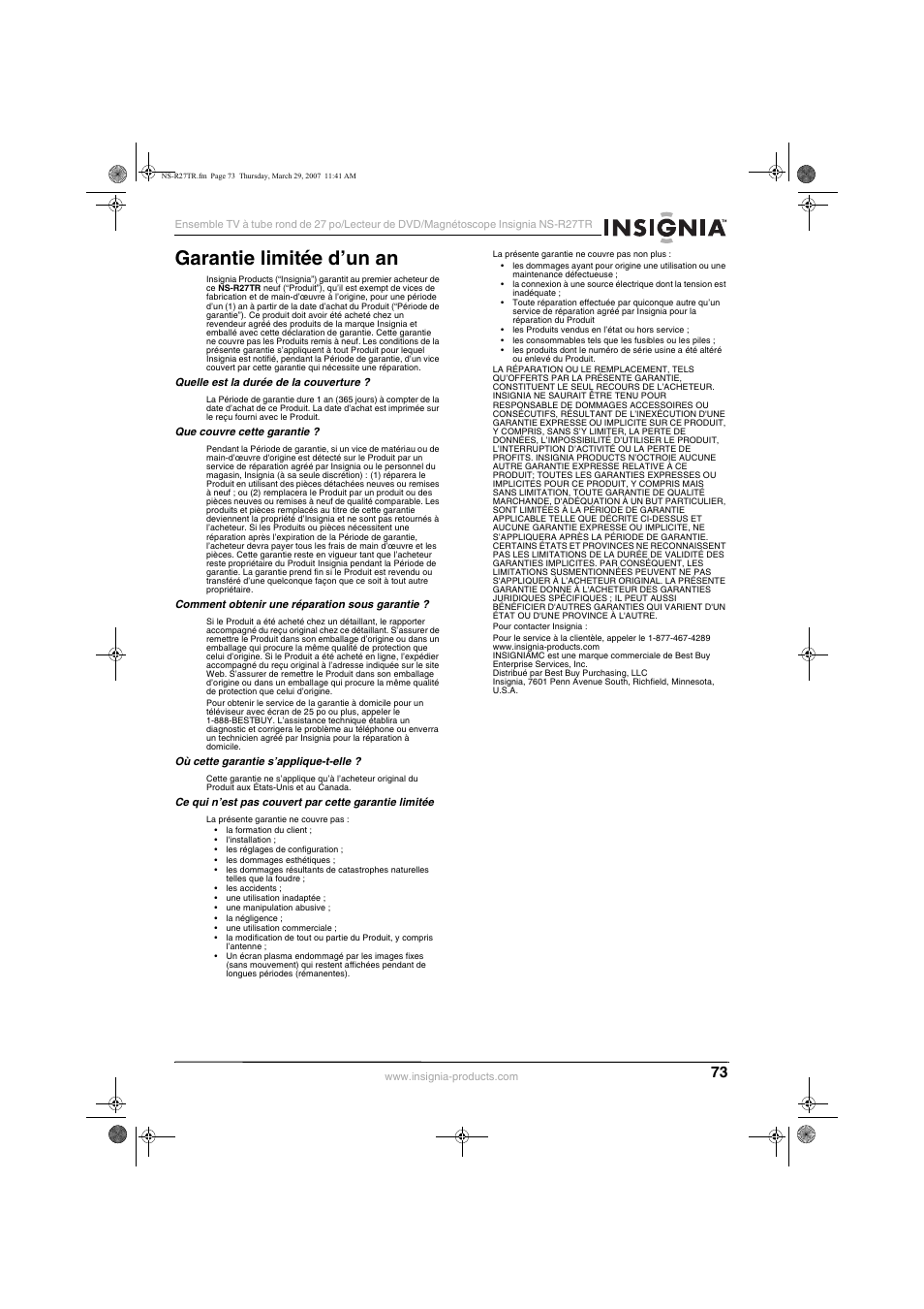 Garantie limitée d’un an | Insignia NS-R27TR User Manual | Page 73 / 112