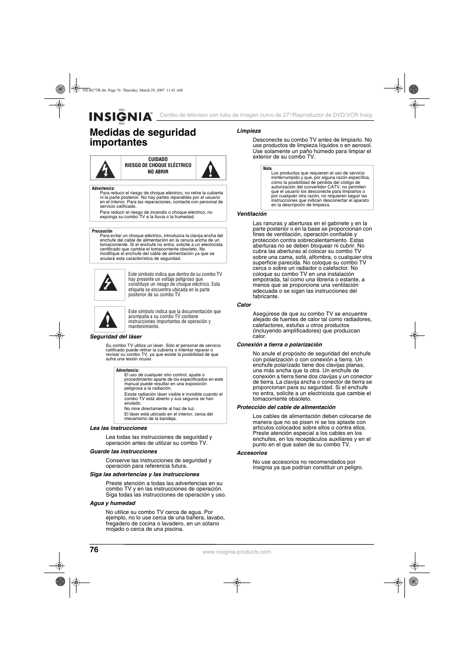 Medidas de seguridad importantes | Insignia NS-R27TR User Manual | Page 76 / 112