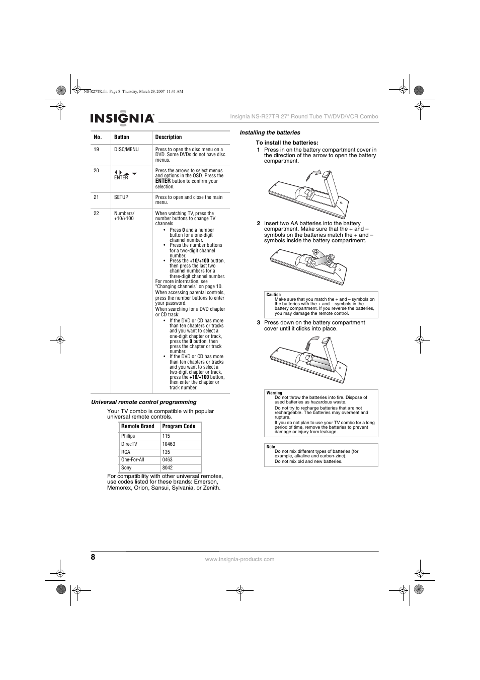 Insignia NS-R27TR User Manual | Page 8 / 112