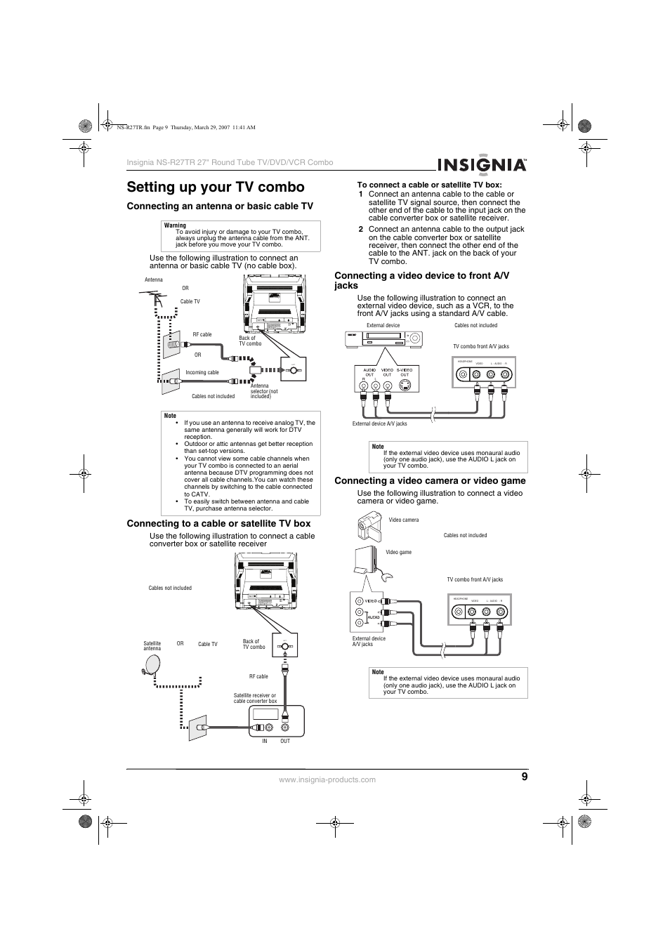 Setting up your tv combo, Connecting an antenna or basic cable tv, Connecting to a cable or satellite tv box | Connecting a video device to front a/v jacks, Connecting a video camera or video game | Insignia NS-R27TR User Manual | Page 9 / 112
