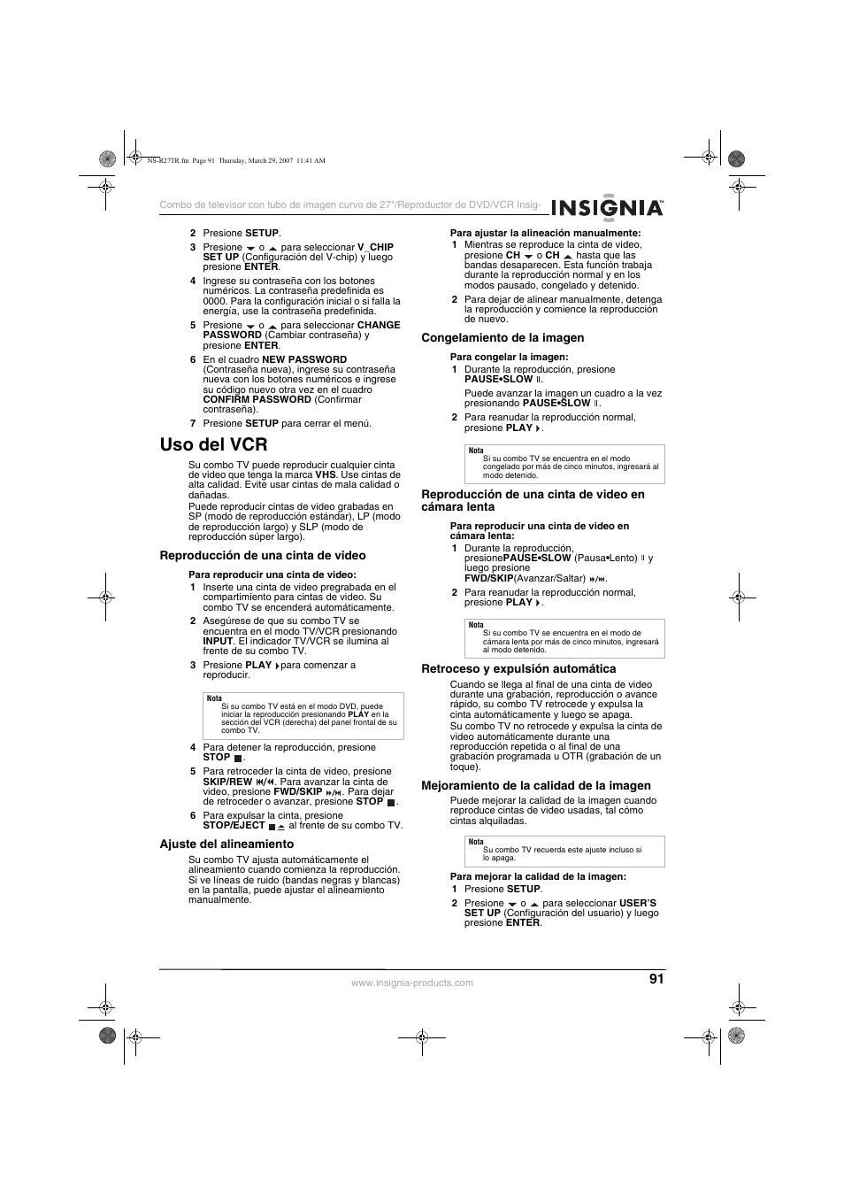 Uso del vcr | Insignia NS-R27TR User Manual | Page 91 / 112