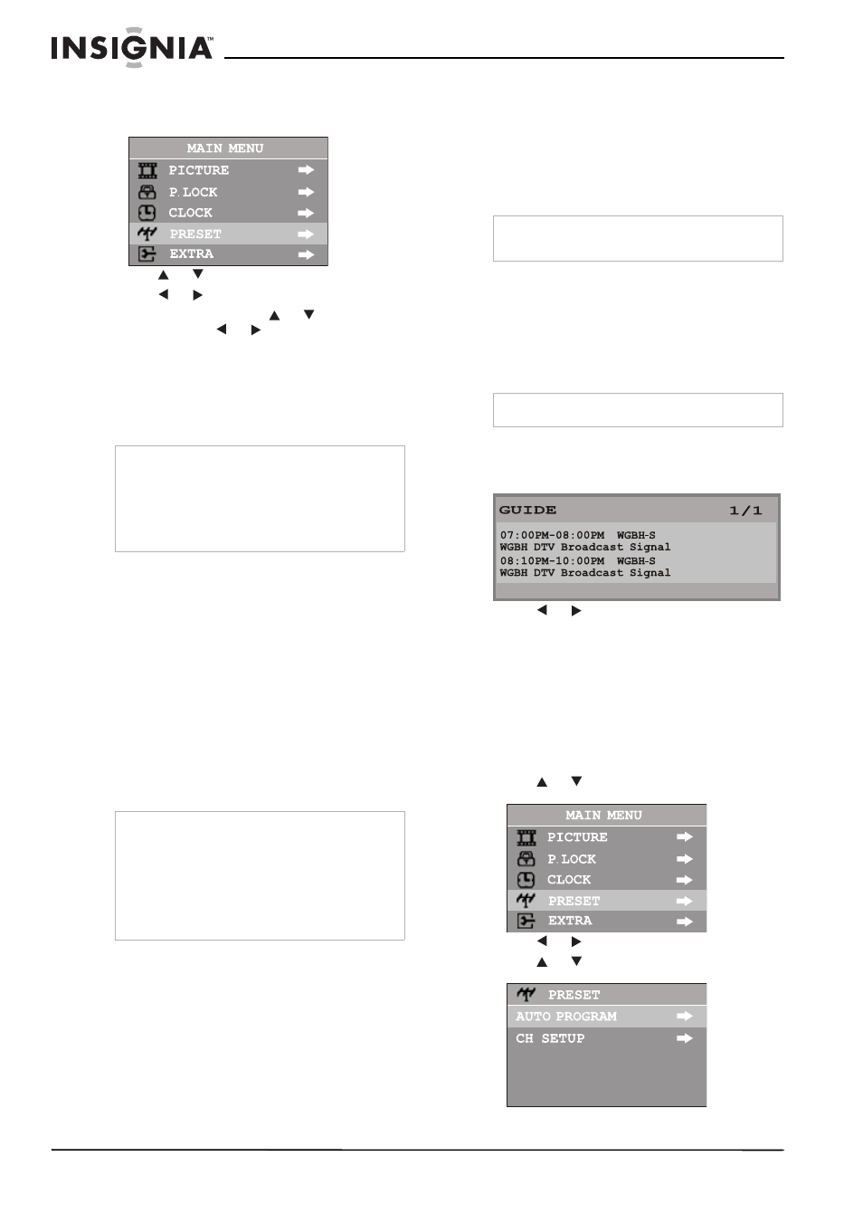 Watching av programs, Switching from av to tv, Displaying the information banner | Using the program guide, Setting up your television stations | Insignia NS-F20TV User Manual | Page 10 / 68