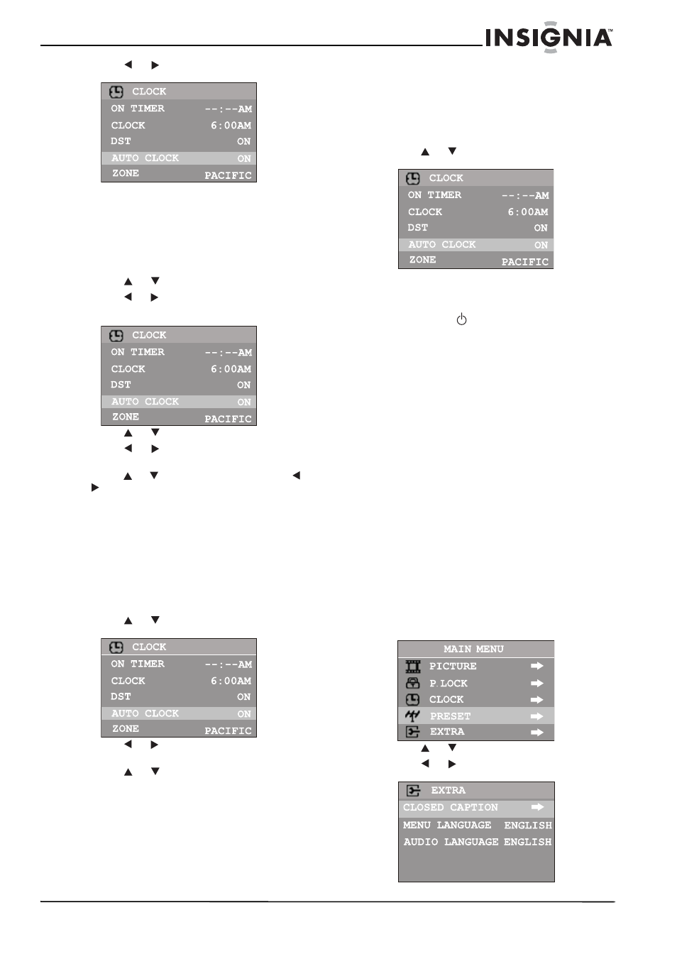 Setting up the clock automatically, Setting up the clock manually, Turning the television on automatically | Turning the television off automatically, Changing system settings | Insignia NS-F20TV User Manual | Page 13 / 68