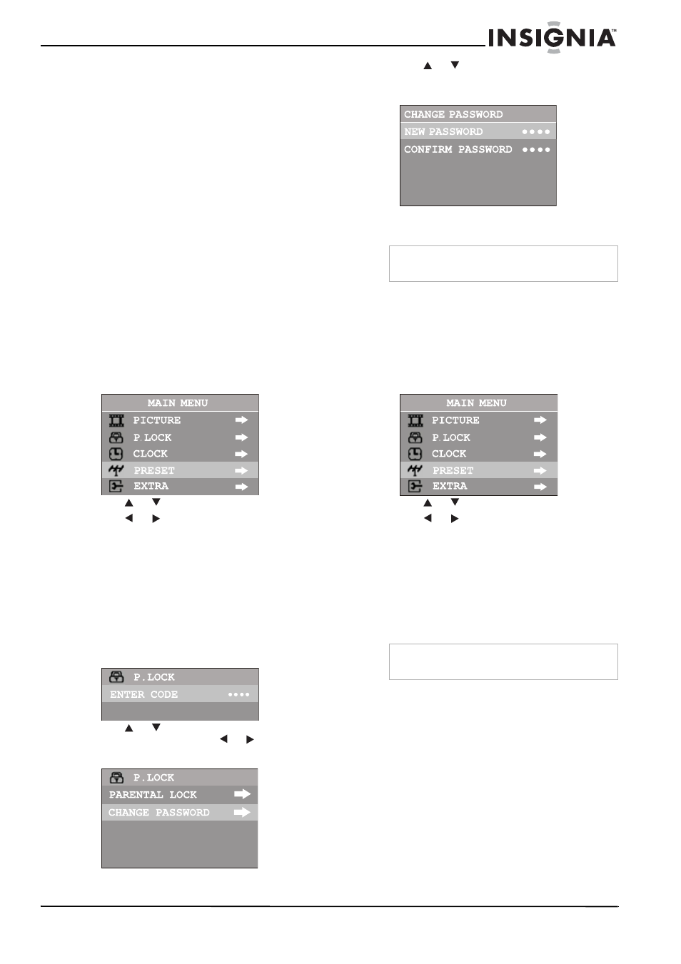 Using the parental controls, Setting the initial p.lock password, Resetting a forgotten password | Turning on parental controls | Insignia NS-F20TV User Manual | Page 15 / 68
