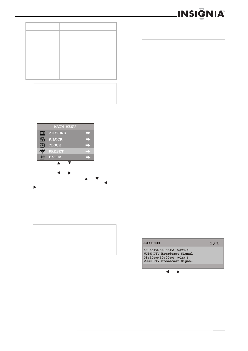 Visualisation de programmes av, Passage du mode av au mode tv, Affichage de la bannière d'information | Utilisation du guide des programmes, Configuration des stations de télévision | Insignia NS-F20TV User Manual | Page 29 / 68