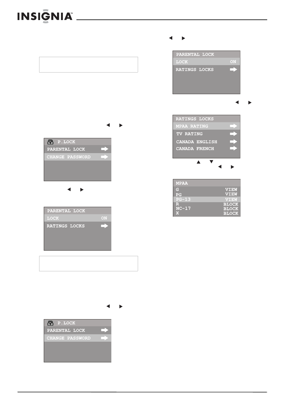 Activation du contrôle parental, Définition des classifications mpaa, Configuration des classifications tv | Insignia NS-F20TV User Manual | Page 36 / 68