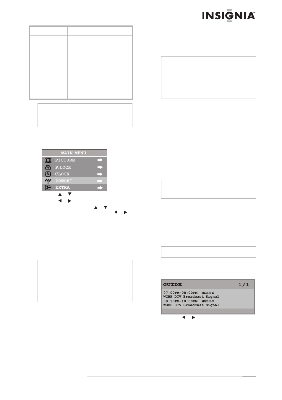 Viendo programas de av, Conmutación de av a tv, Visualización del titular de información | Uso de la guía de programación, Configuración de sus estaciones de televisión | Insignia NS-F20TV User Manual | Page 51 / 68