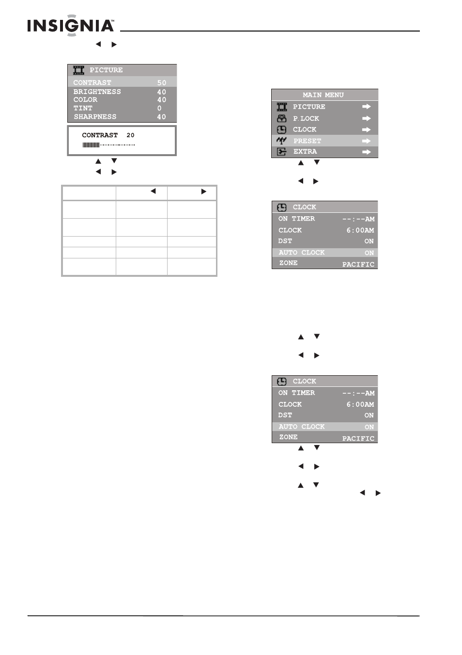 Selección del modo de imagen, Cambio de tamaño de la imagen, Uso del reloj | Ajuste automático del reloj, Ajuste manual del reloj | Insignia NS-F20TV User Manual | Page 54 / 68