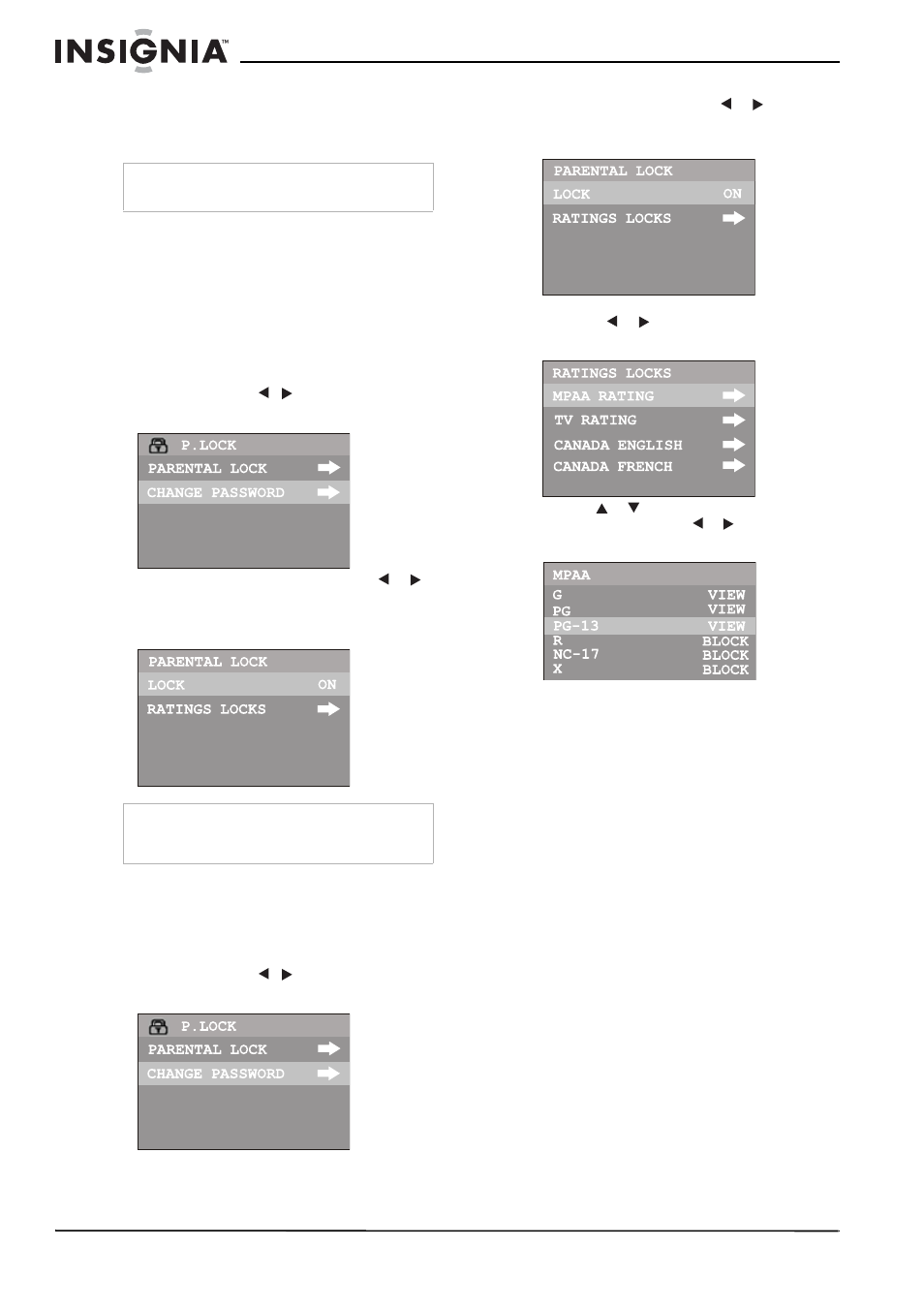 Activación de los controles de los padres, Configuración de las clasificaciones mpaa, Configuración de las clasificaciones de tv | Insignia NS-F20TV User Manual | Page 58 / 68