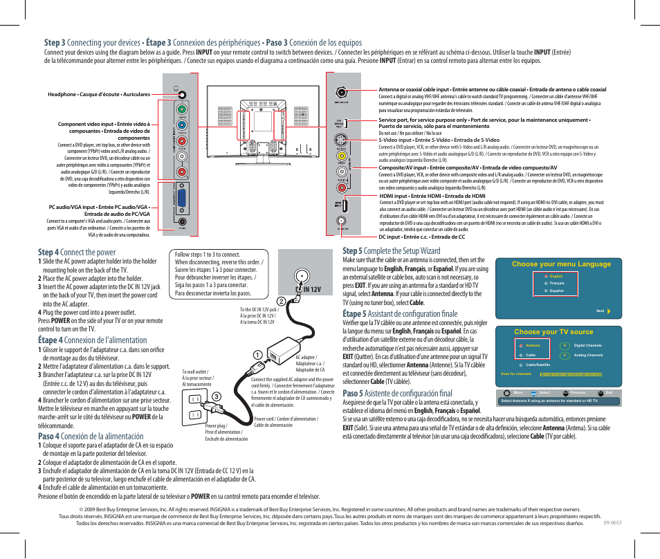 Step 4 connect the power, Étape 4 connexion de l'alimentation, Paso 4 conexión de la alimentación | Step 5 complete the setup wizard, Étape 5 assistant de configuration finale, Paso 5 asistente de configuración final | Insignia NS-22E430A10 User Manual | Page 2 / 2