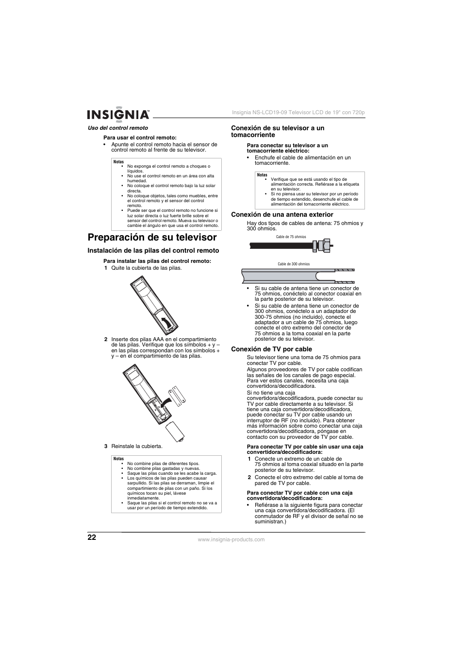 Preparación de su televisor, Instalación de las pilas del control remoto, Conexión de su televisor a un tomacorriente | Conexión de una antena exterior, Conexión de tv por cable | Insignia NS-LCD19-09 User Manual | Page 24 / 40