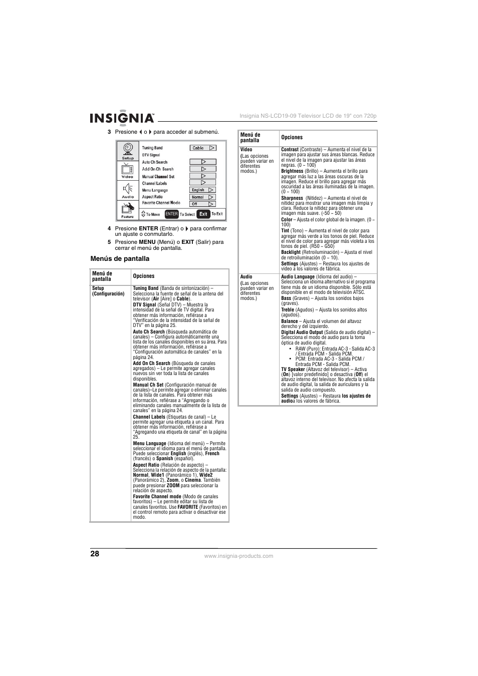 Menús de pantalla | Insignia NS-LCD19-09 User Manual | Page 30 / 40