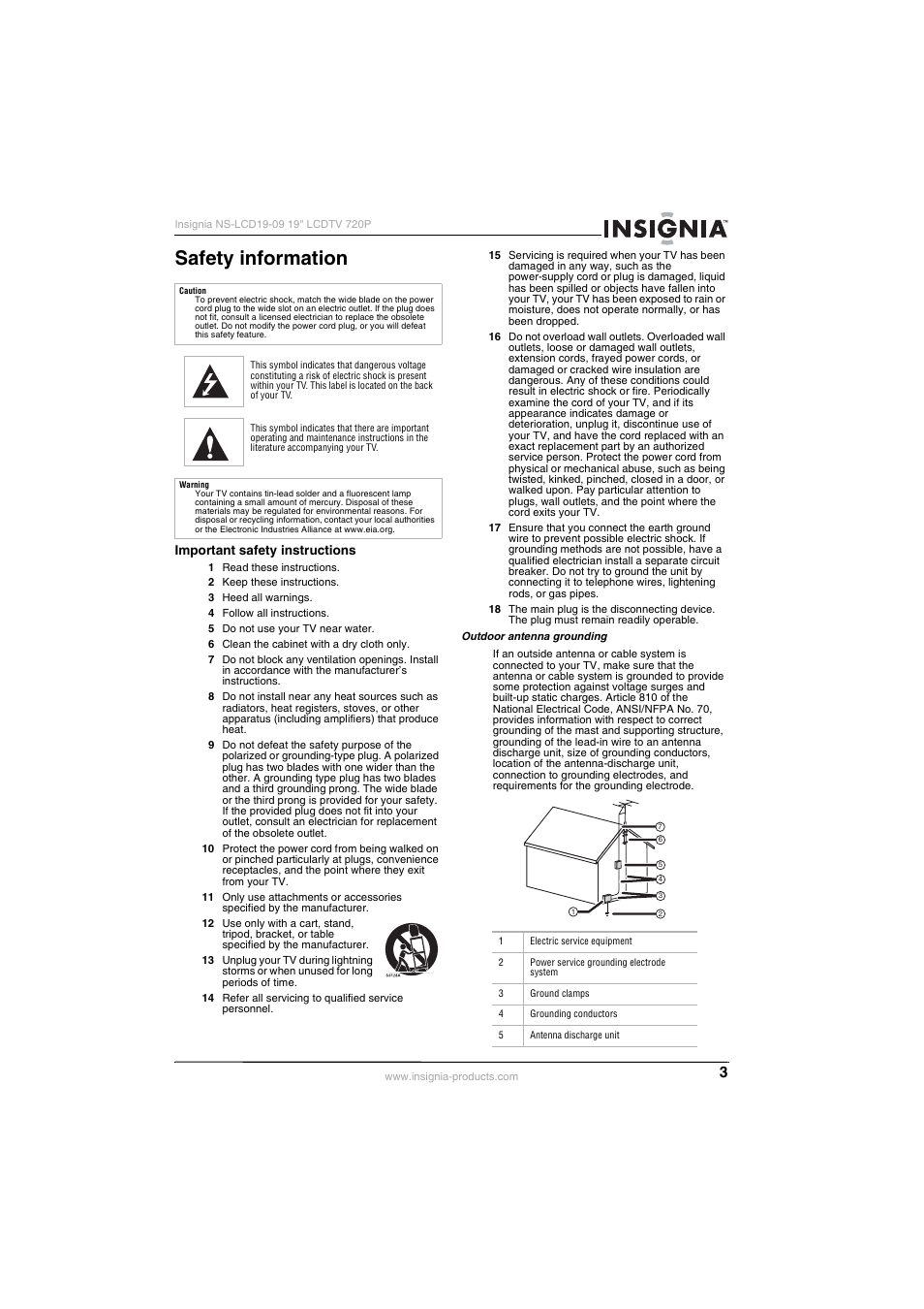 Safety information, Important safety instructions | Insignia NS-LCD19-09 User Manual | Page 5 / 40