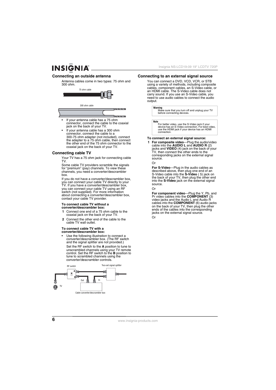 Connecting an outside antenna, Connecting cable tv, Connecting to an external signal source | Insignia NS-LCD19-09 User Manual | Page 8 / 40