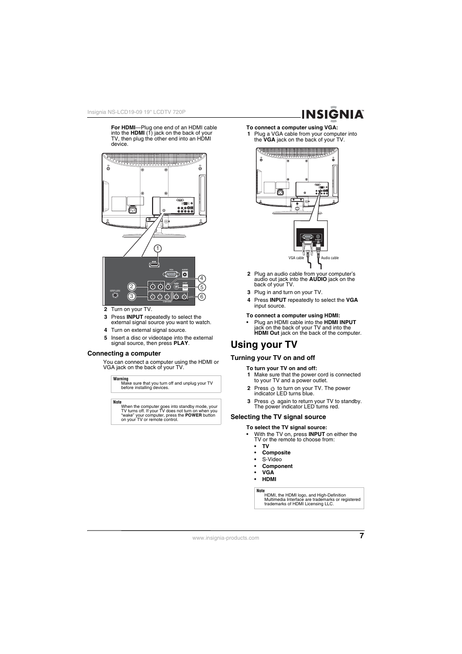 Connecting a computer, Using your tv, Turning your tv on and off | Selecting the tv signal source | Insignia NS-LCD19-09 User Manual | Page 9 / 40