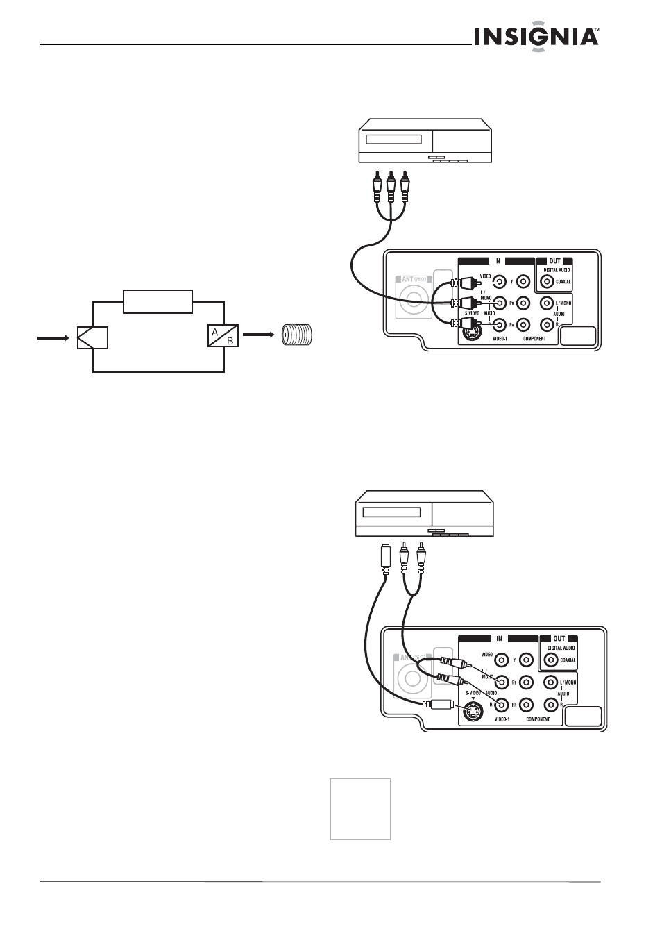Conexión a otros equipos, Selección de la fuente de entrada de video, Conexión del televisor a un vcr | Insignia NS-RTV32 User Manual | Page 52 / 70