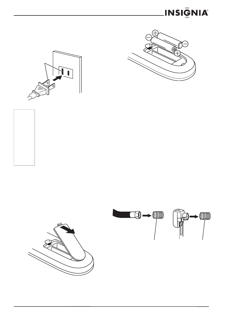 Setting up your television, Connecting your television to ac power, Installing batteries in the remote control | To install batteries in the remote control, Battery precautions, Connecting to an antenna | Insignia NS-RTV32 User Manual | Page 6 / 70