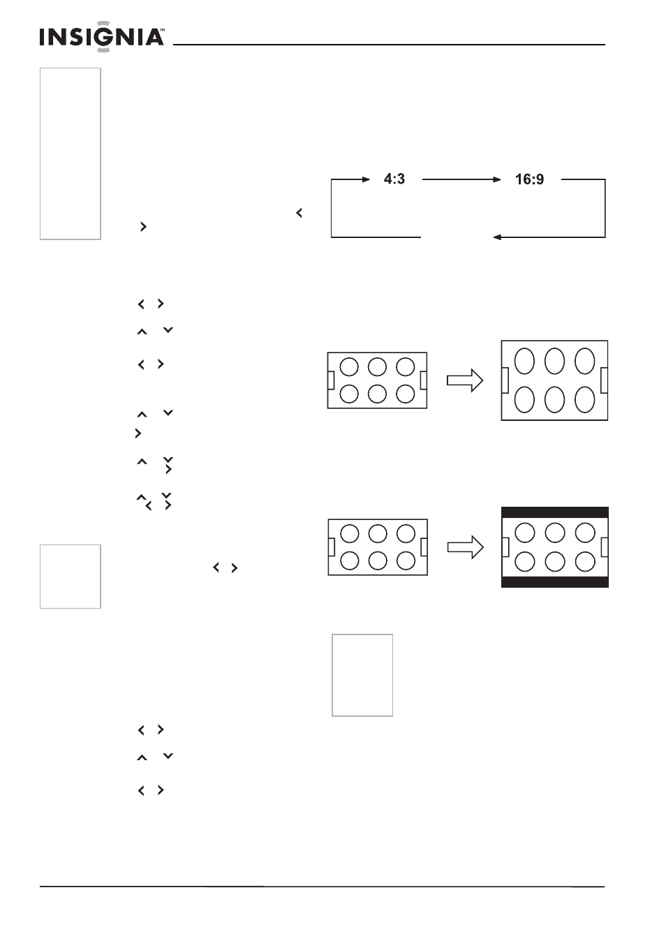 Para ajustar el temporizador de apagado, Establecimiento del tamaño de la imagen, Zoom (aumentar) | Tamaño de imagen 4:3, Tamaño de imagen 16:9, Zoom, Aumentar) | Insignia NS-RTV32 User Manual | Page 61 / 70