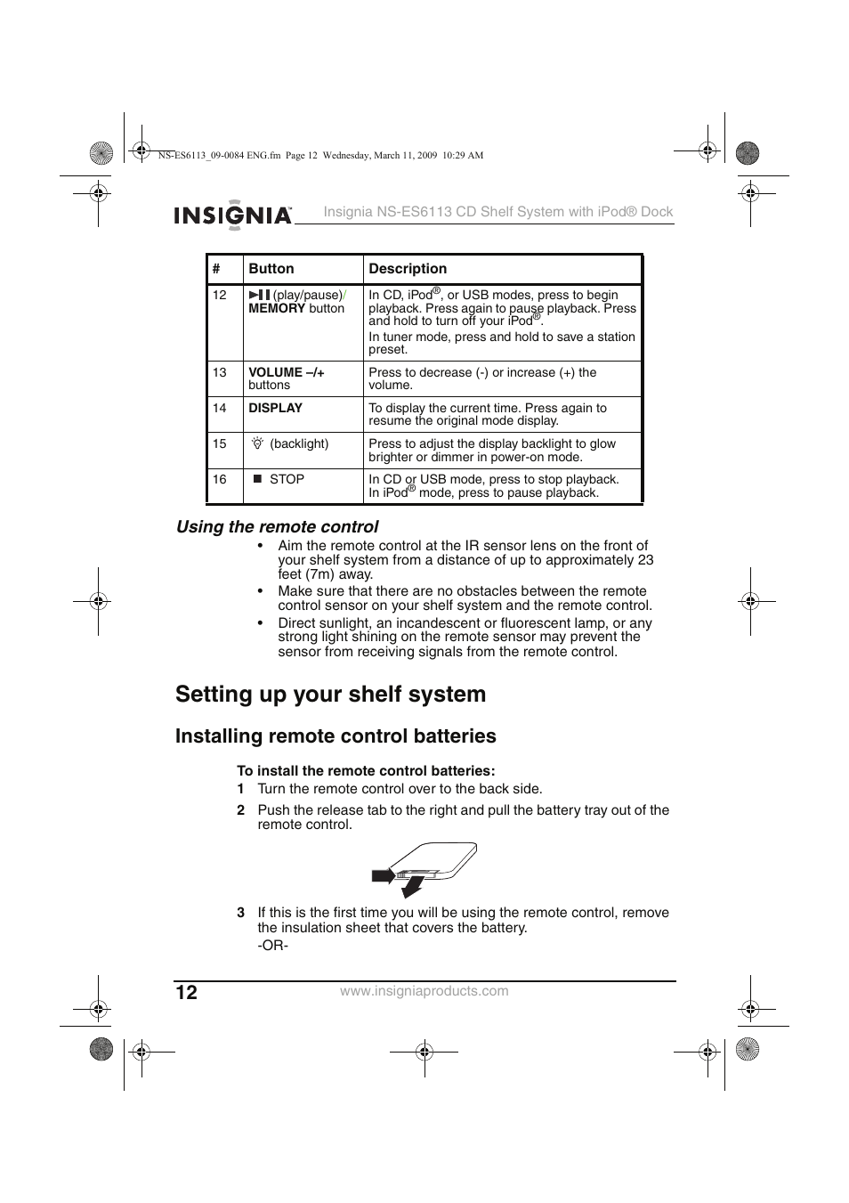 Setting up your shelf system, Installing remote control batteries, Using the remote control | Insignia NS-ES6113 User Manual | Page 12 / 32