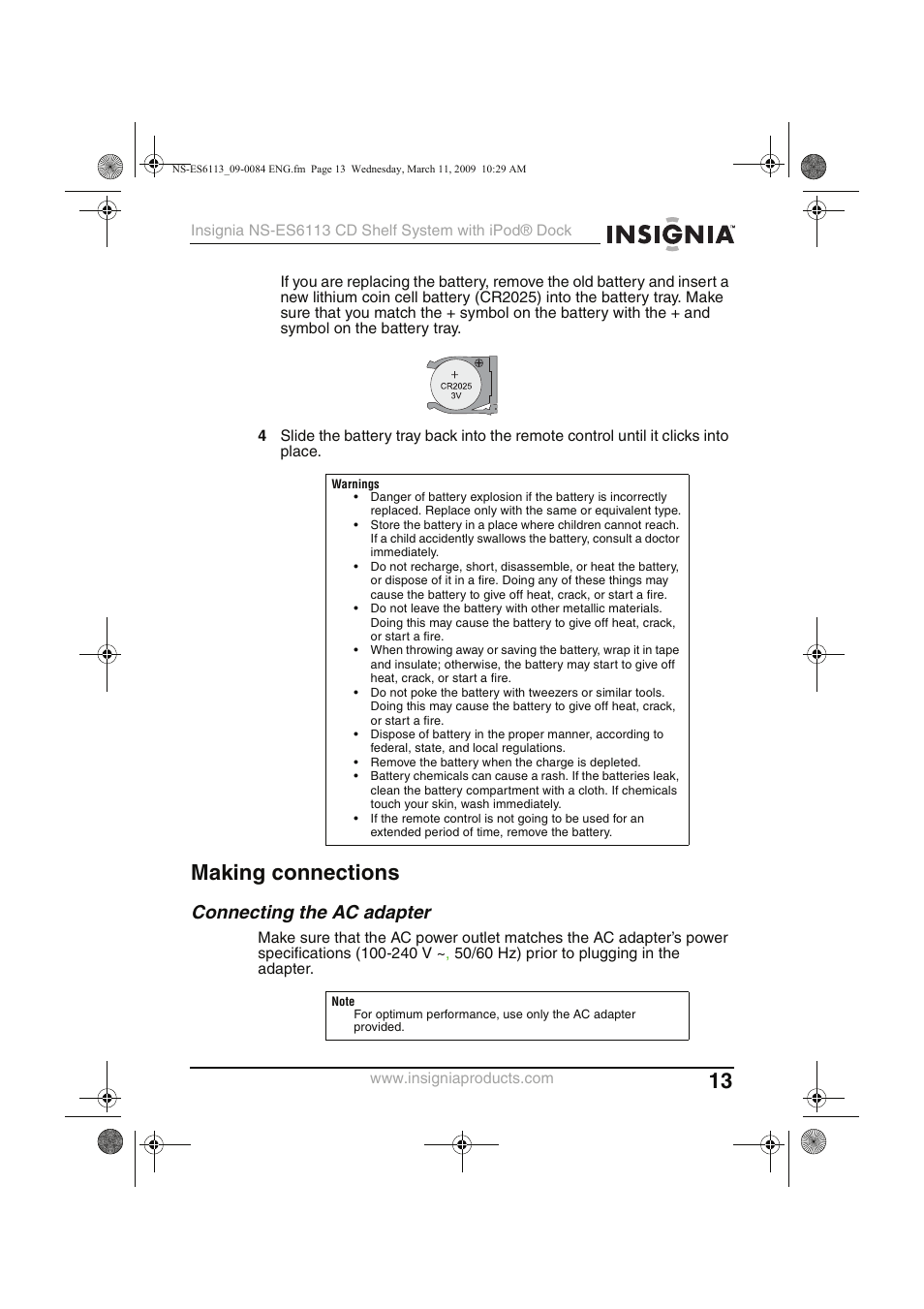 Making connections, Connecting the ac adapter | Insignia NS-ES6113 User Manual | Page 13 / 32