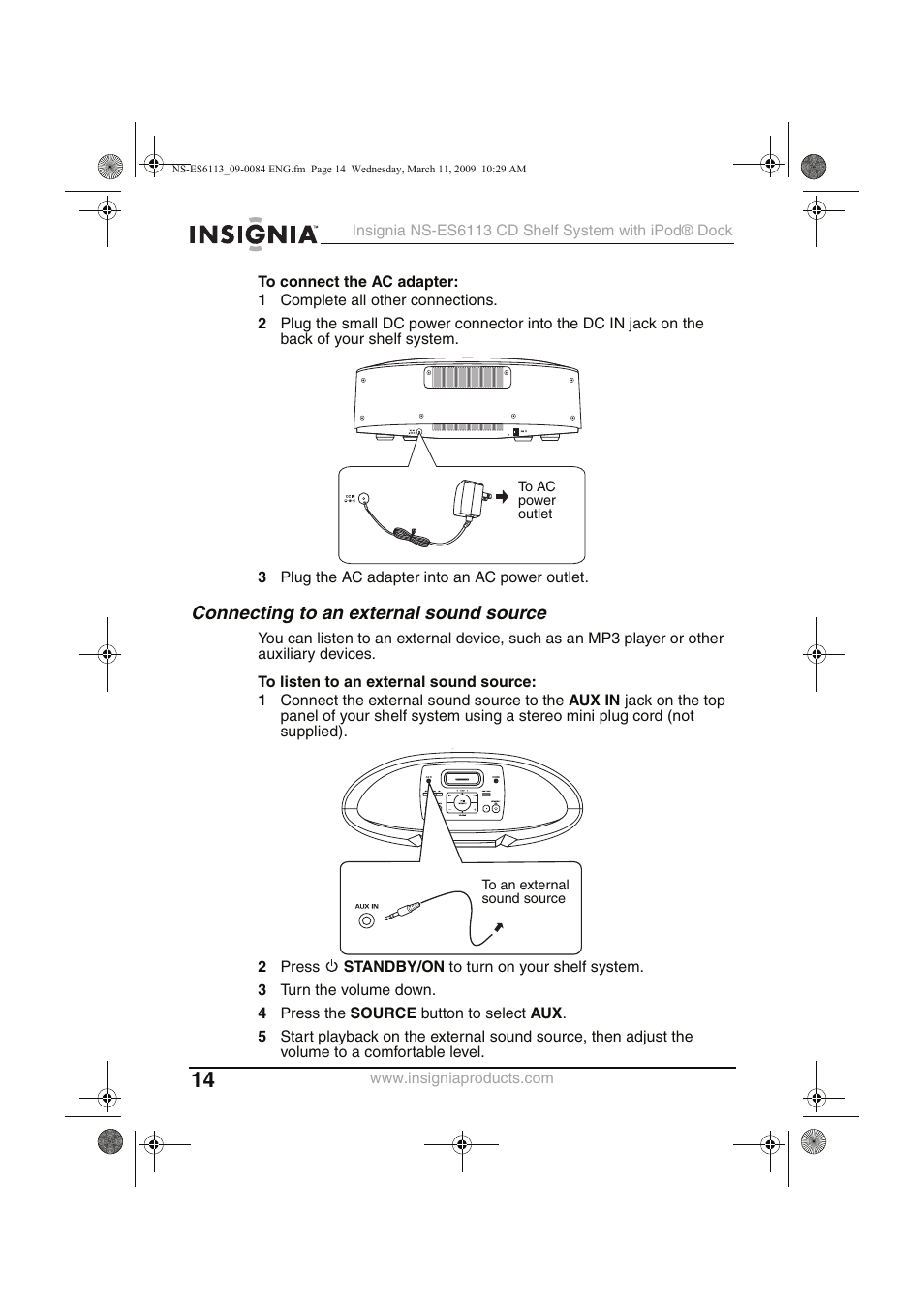 Connecting to an external sound source | Insignia NS-ES6113 User Manual | Page 14 / 32