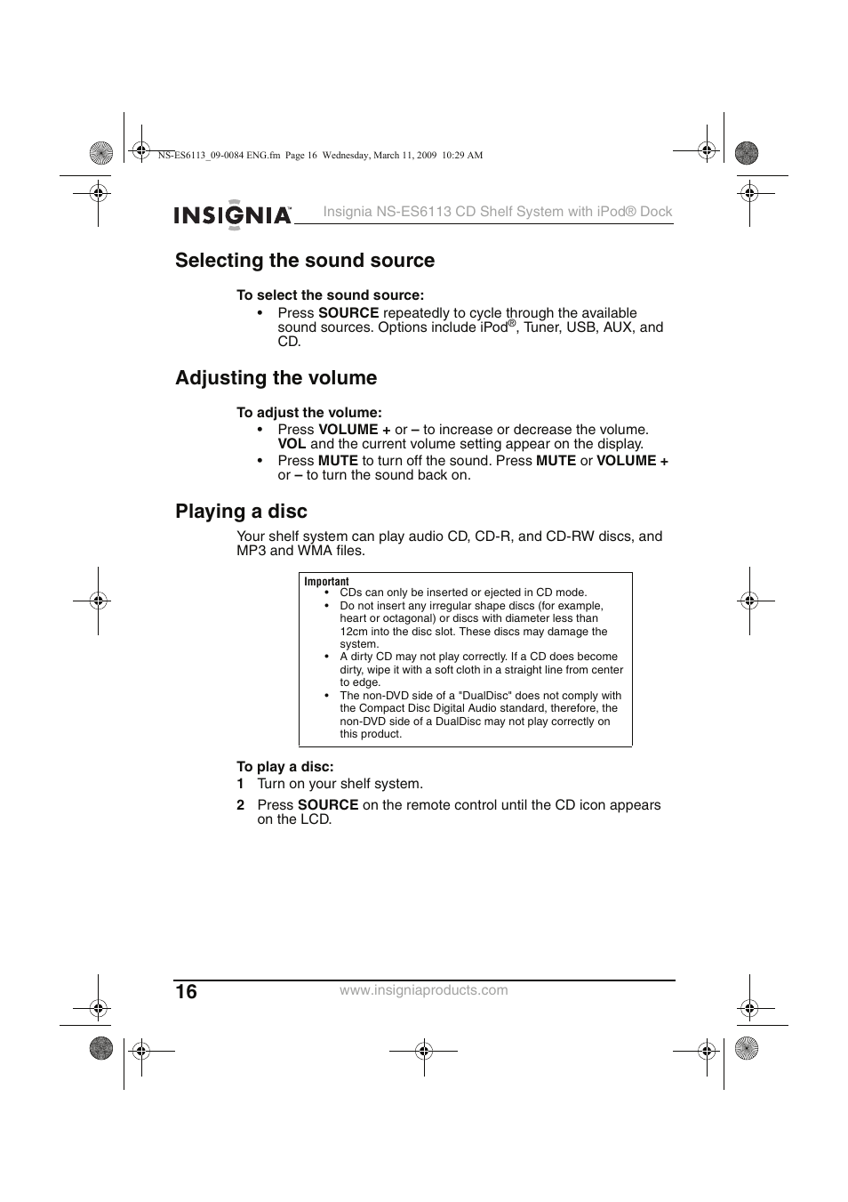 Selecting the sound source, Adjusting the volume, Playing a disc | Insignia NS-ES6113 User Manual | Page 16 / 32