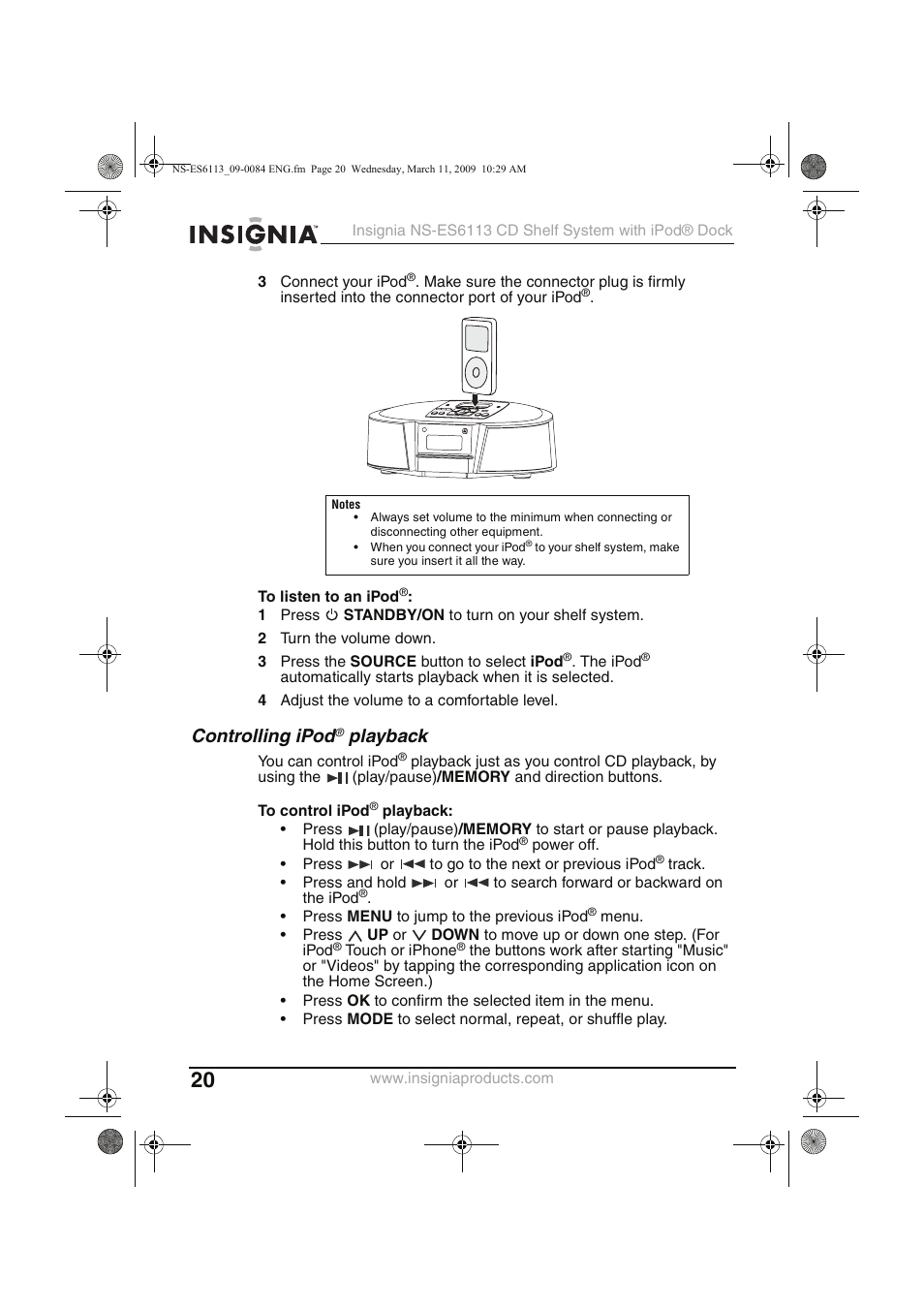 Controlling ipod, Playback | Insignia NS-ES6113 User Manual | Page 20 / 32