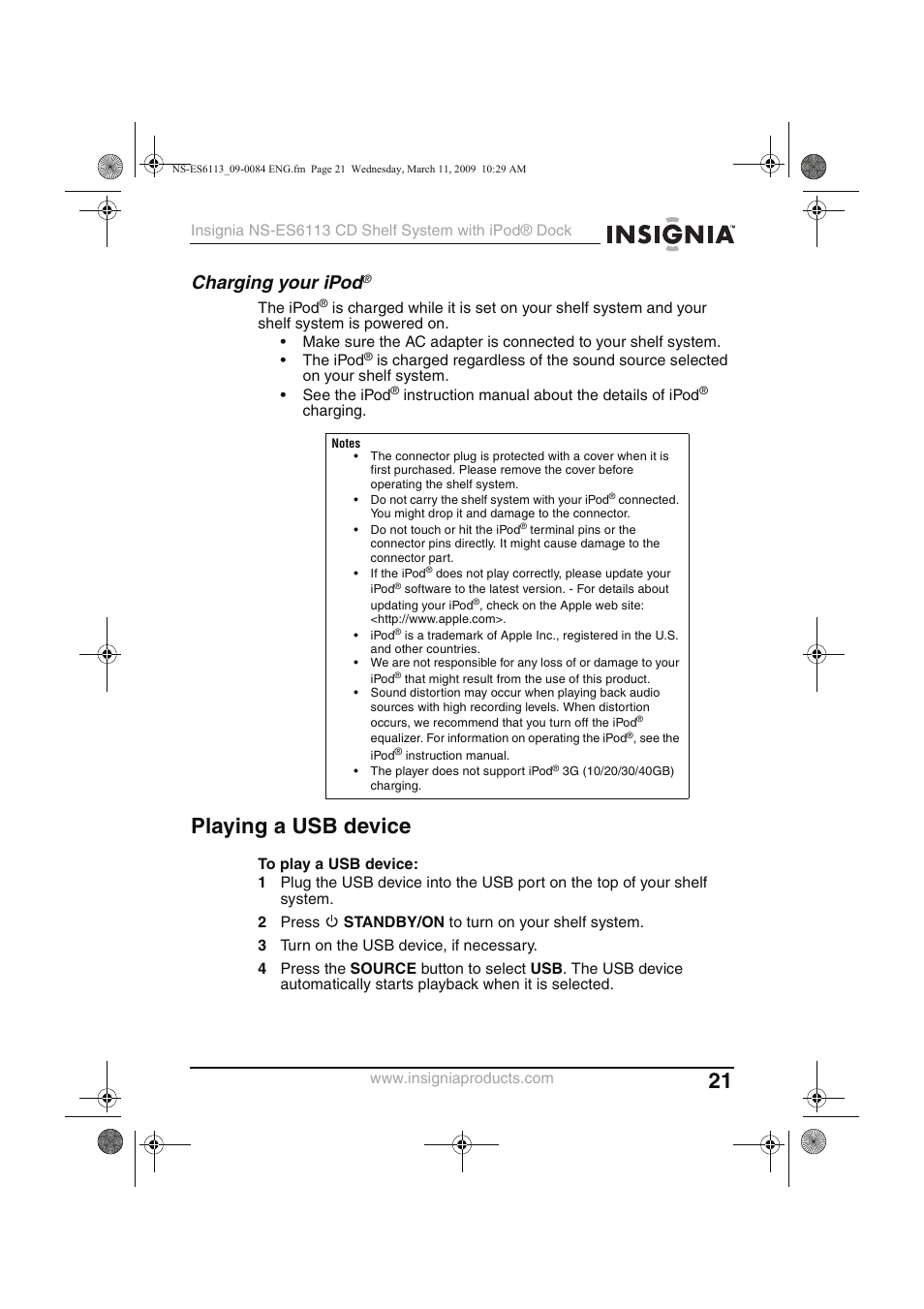 Playing a usb device, Charging your ipod | Insignia NS-ES6113 User Manual | Page 21 / 32