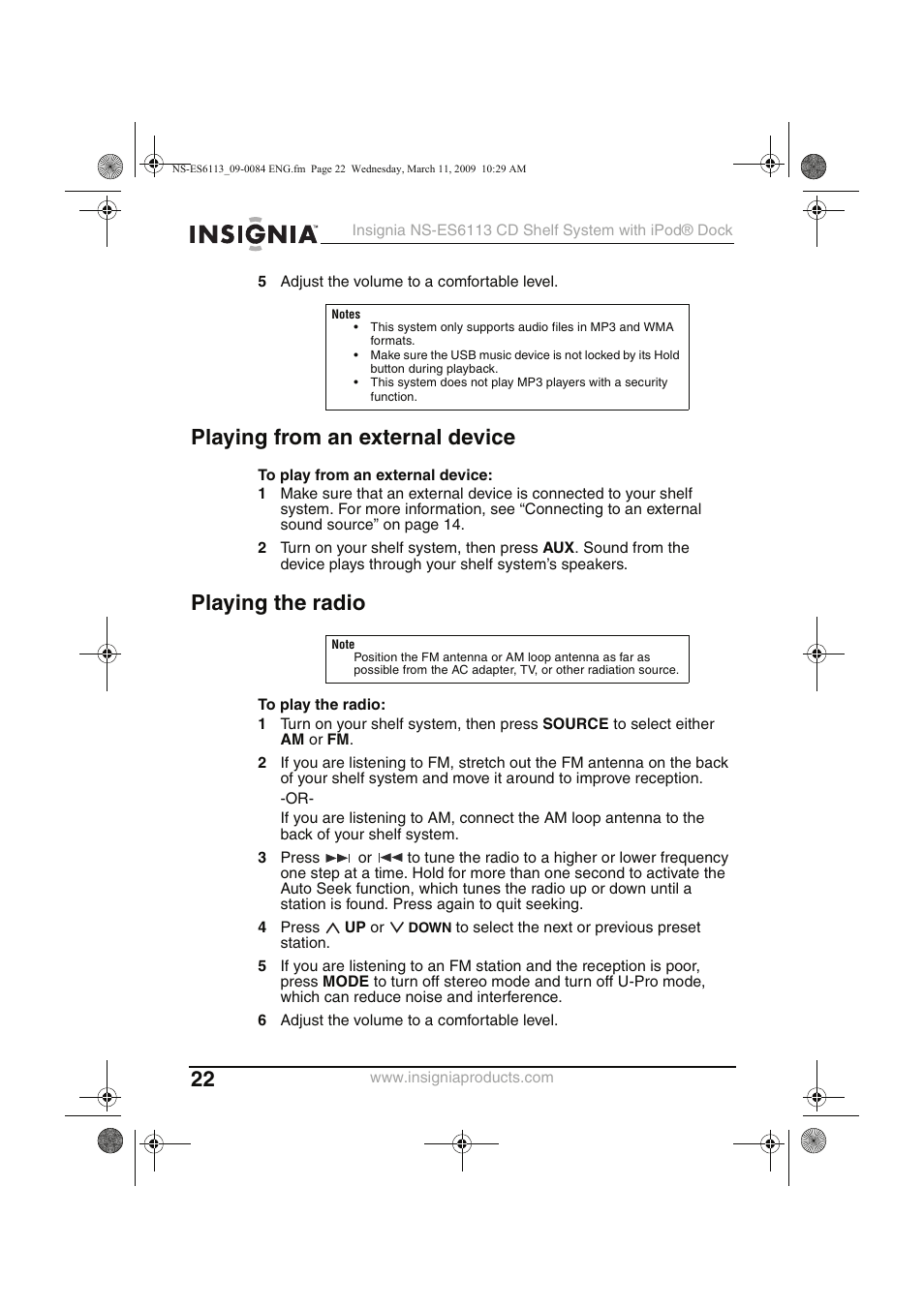 Playing from an external device, Playing the radio | Insignia NS-ES6113 User Manual | Page 22 / 32