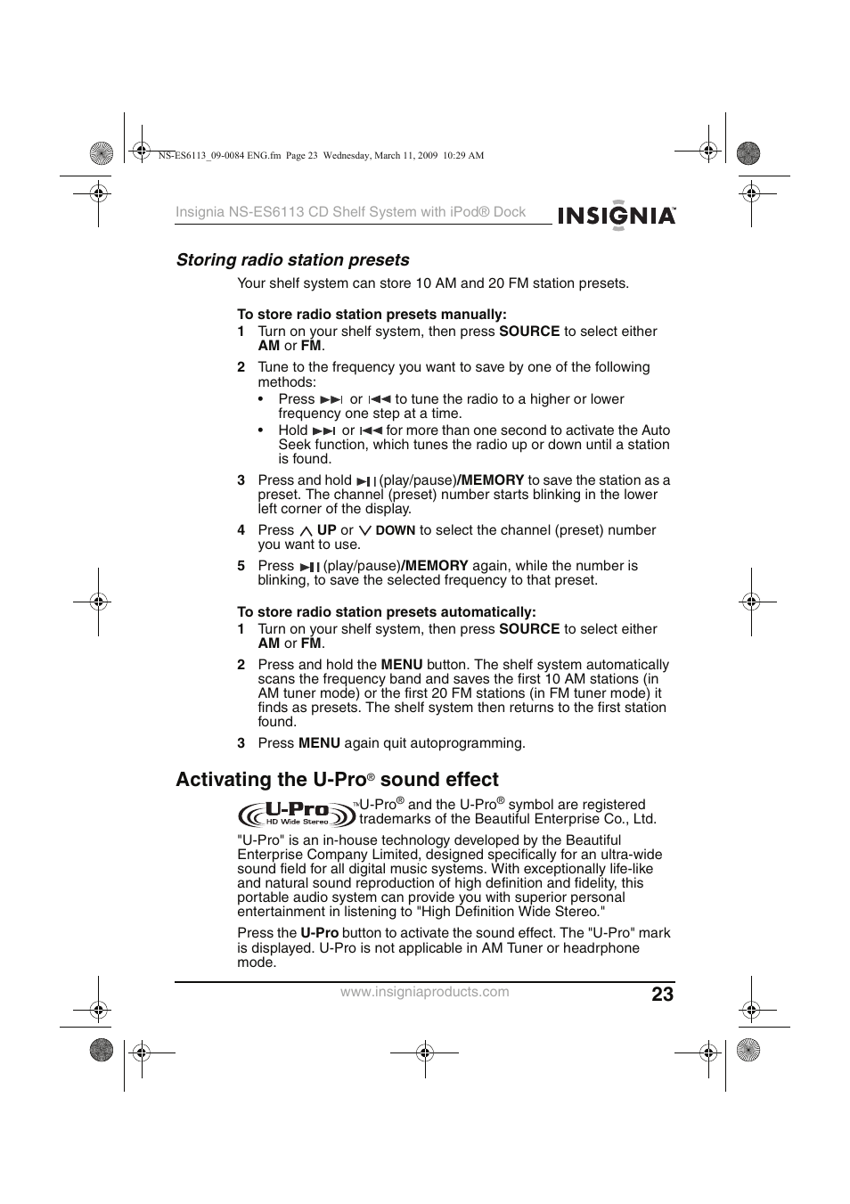 Activating the u-pro, Sound effect, Storing radio station presets | Insignia NS-ES6113 User Manual | Page 23 / 32